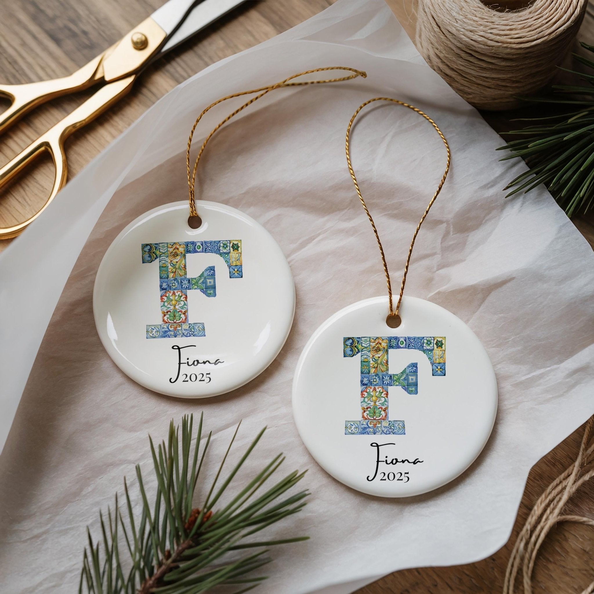 Custom Initial Ornament Name, Letter F, Personalized Portuguese Tile Monogram Christmas Gift Mediterranean Keepsake - CuteBeePix