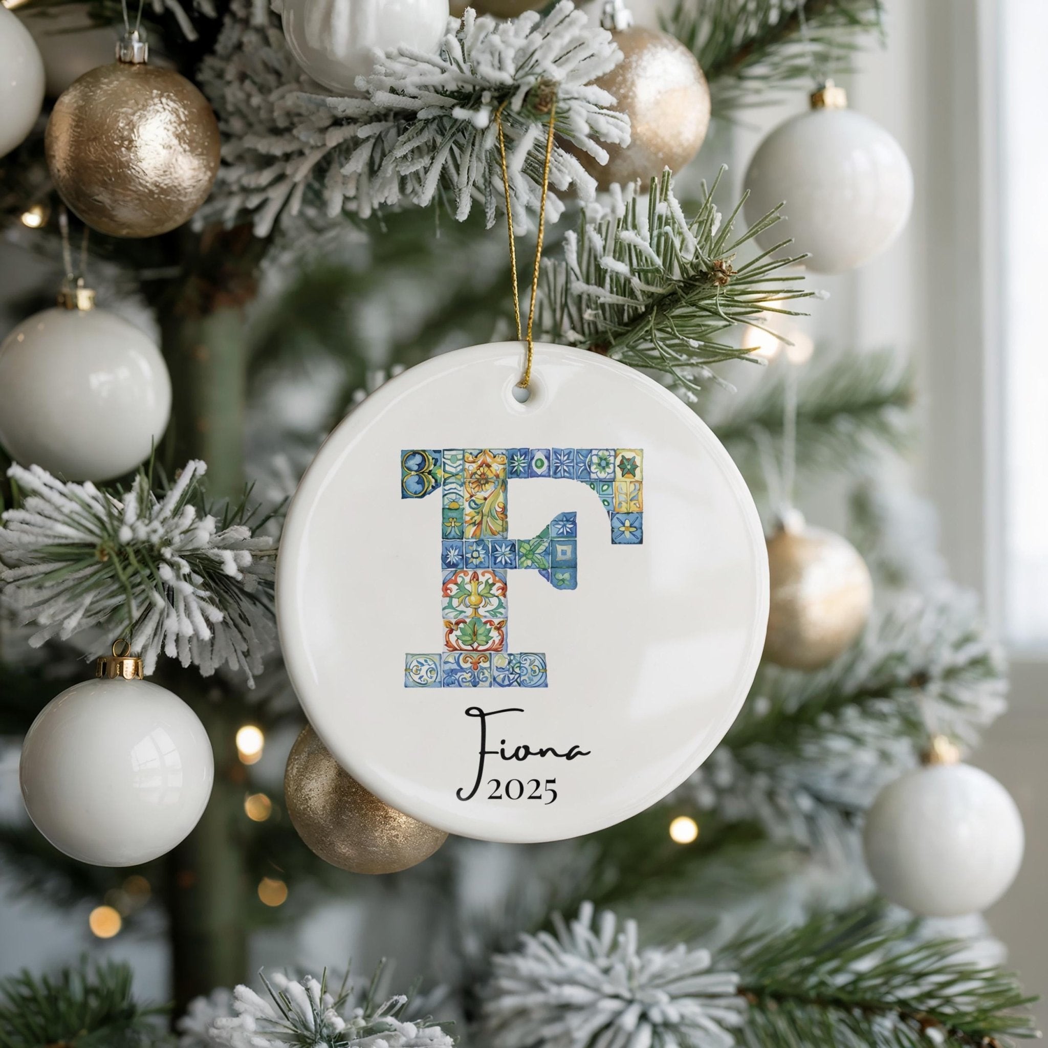 Custom Initial Ornament Name, Letter F, Personalized Portuguese Tile Monogram Christmas Gift Mediterranean Keepsake - CuteBeePix