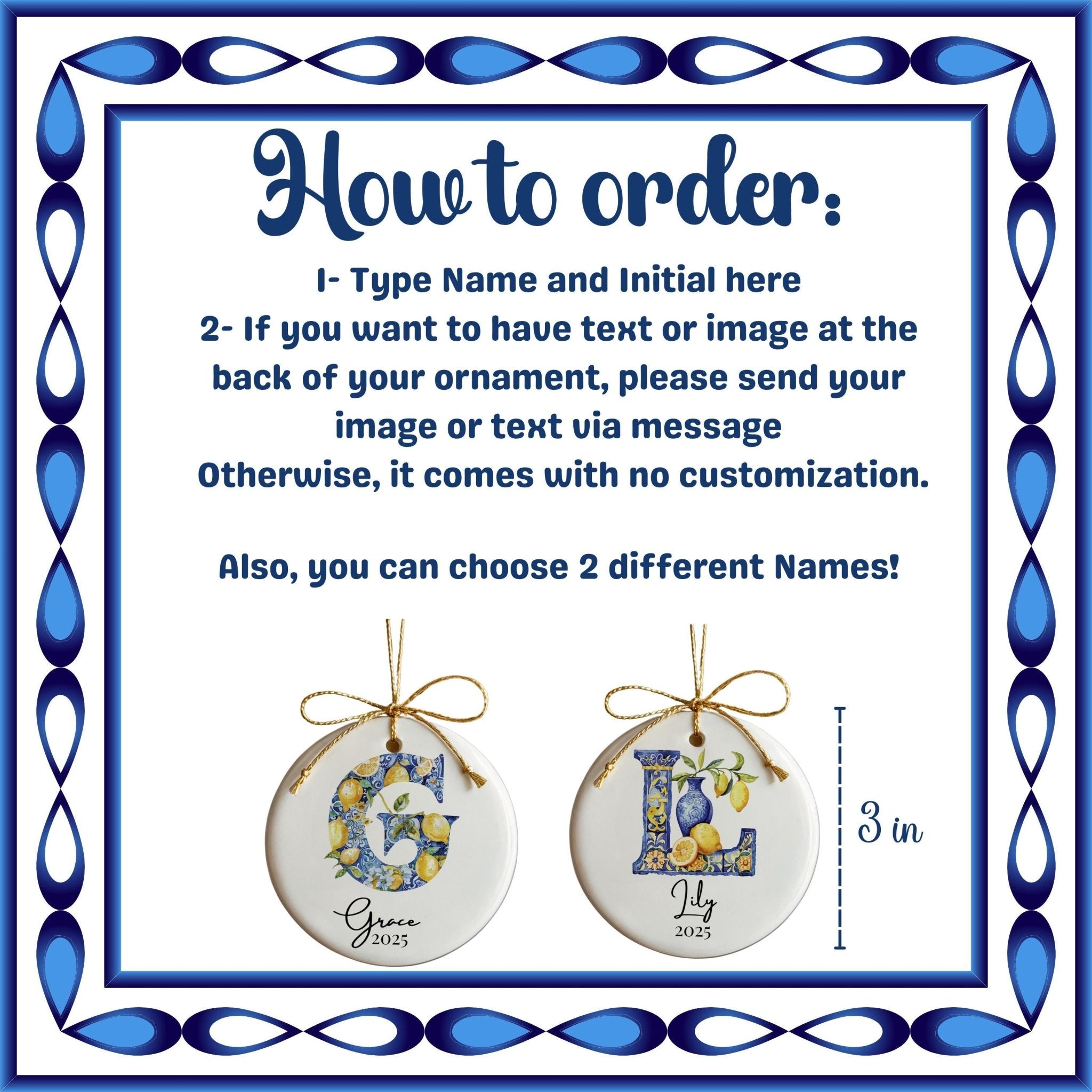 Custom Initial Ornament Name, Letter G, Personalized Portuguese Tile Monogram Christmas Gift Mediterranean Keepsake - CuteBeePix