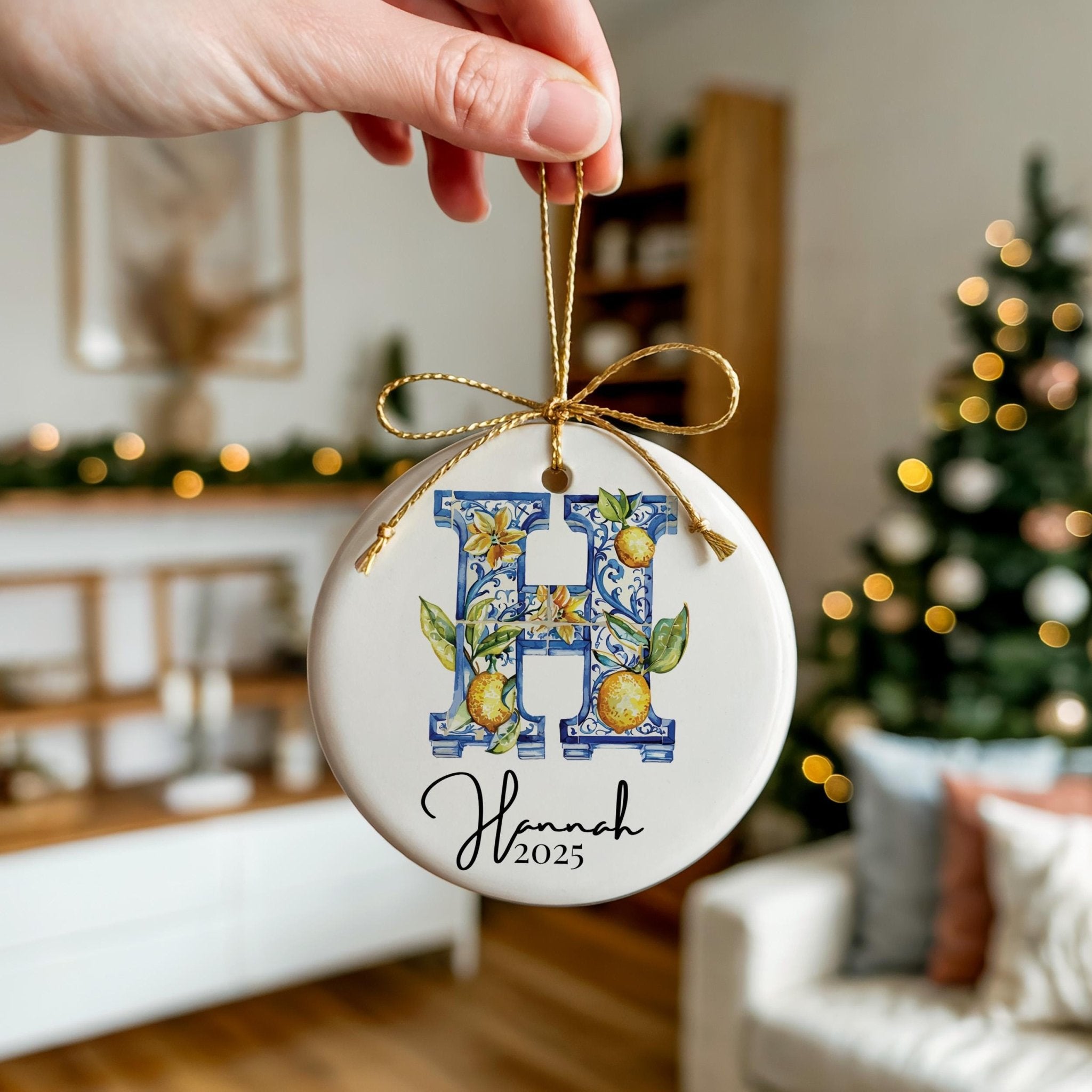 Custom Initial Ornament Name, Letter H, Personalized Portuguese Tile Monogram Christmas Gift Mediterranean Keepsake - CuteBeePix