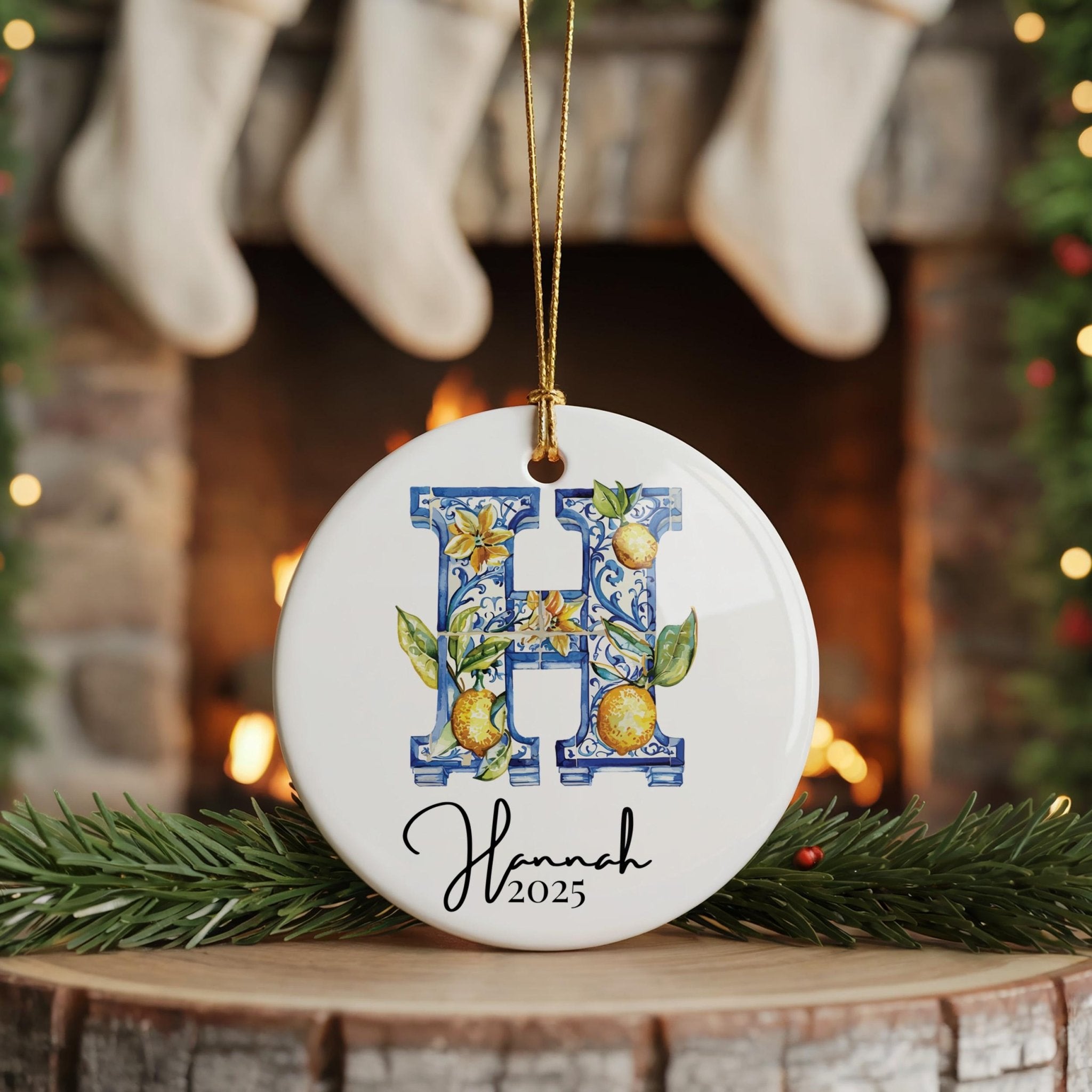 Custom Initial Ornament Name, Letter H, Personalized Portuguese Tile Monogram Christmas Gift Mediterranean Keepsake - CuteBeePix