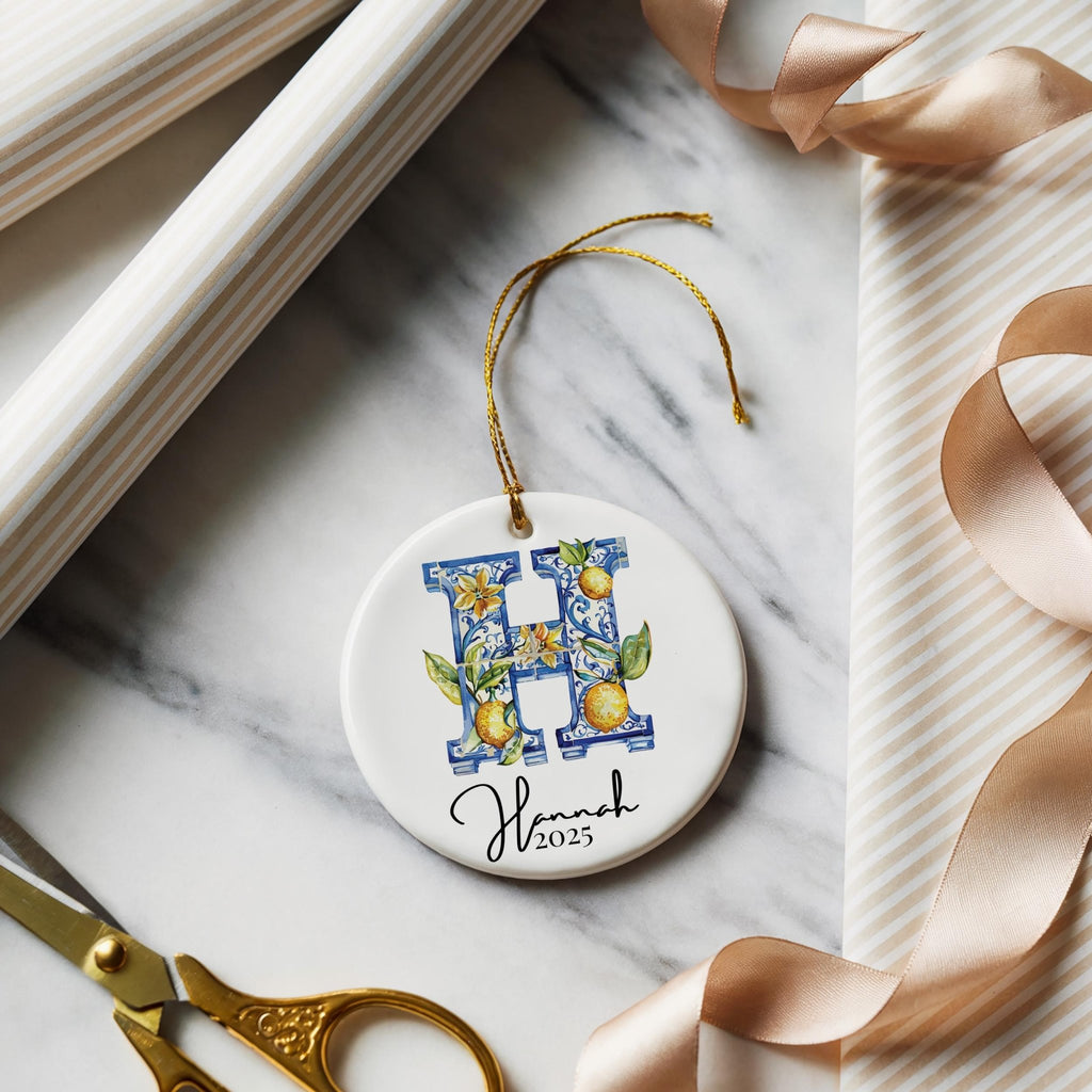 Custom Initial Ornament Name, Letter H, Personalized Portuguese Tile Monogram Christmas Gift Mediterranean Keepsake - CuteBeePix
