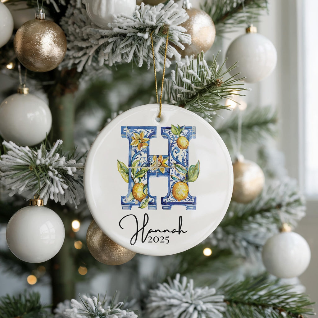 Custom Initial Ornament Name, Letter H, Personalized Portuguese Tile Monogram Christmas Gift Mediterranean Keepsake - CuteBeePix