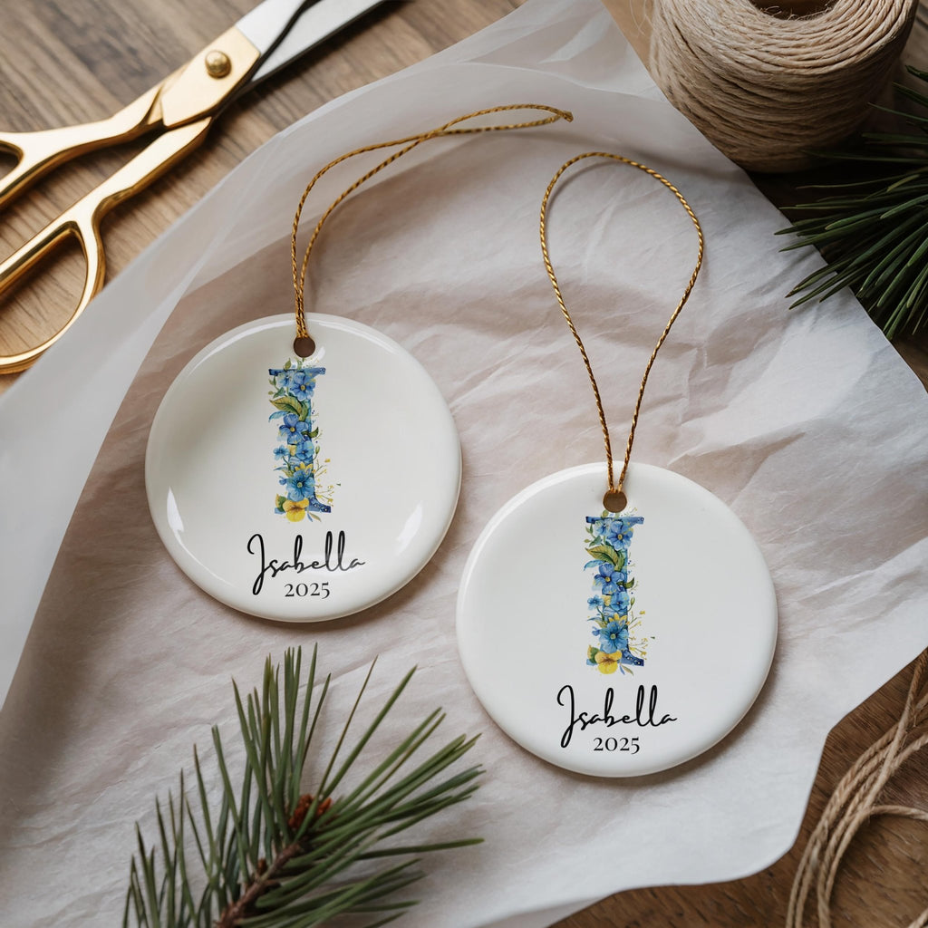 Custom Initial Ornament Name, Letter I, Personalized Portuguese Tile Monogram Christmas Gift Mediterranean Keepsake - CuteBeePix
