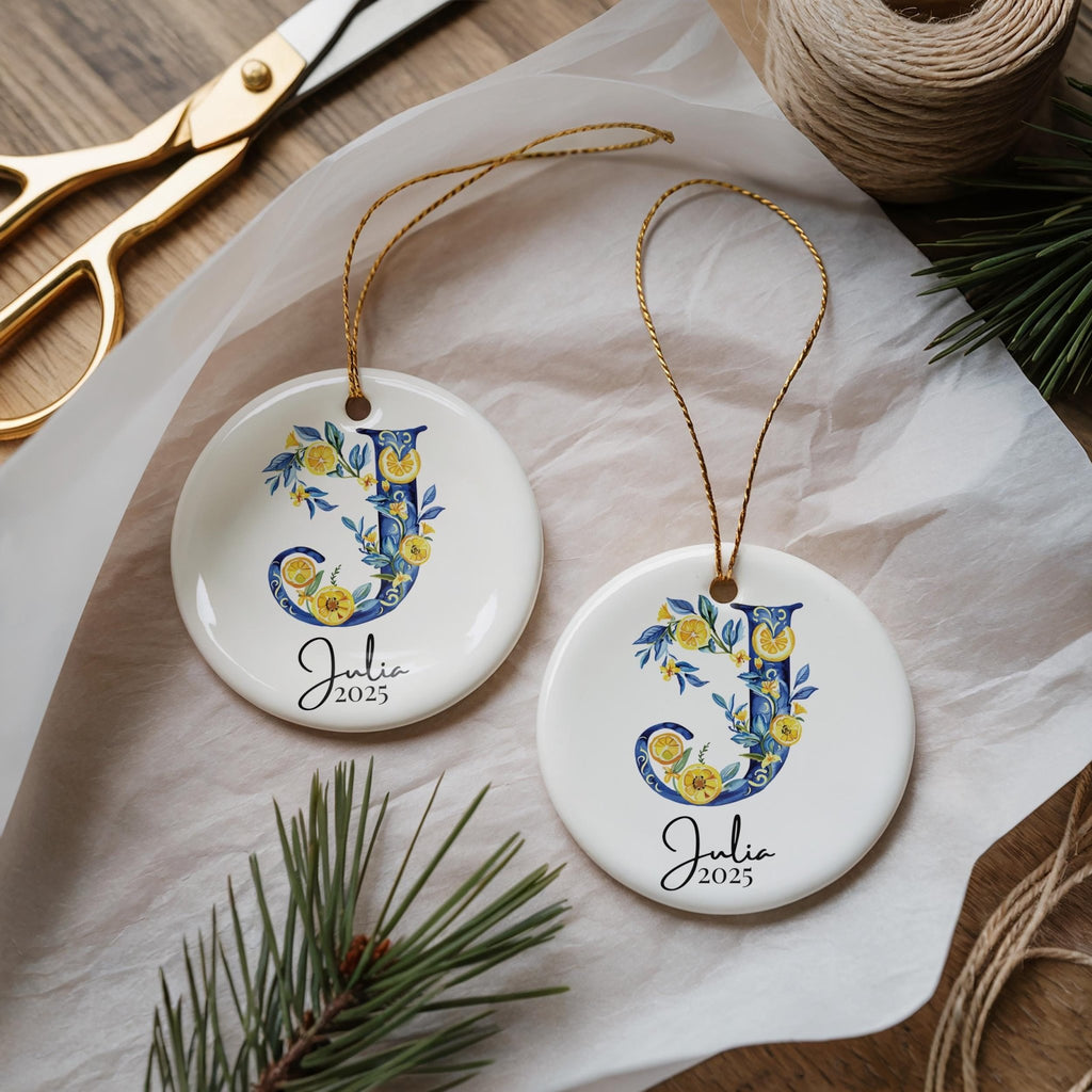Custom Initial Ornament Name, Letter J, Personalized Portuguese Tile Monogram Christmas Gift Mediterranean Keepsake - CuteBeePix