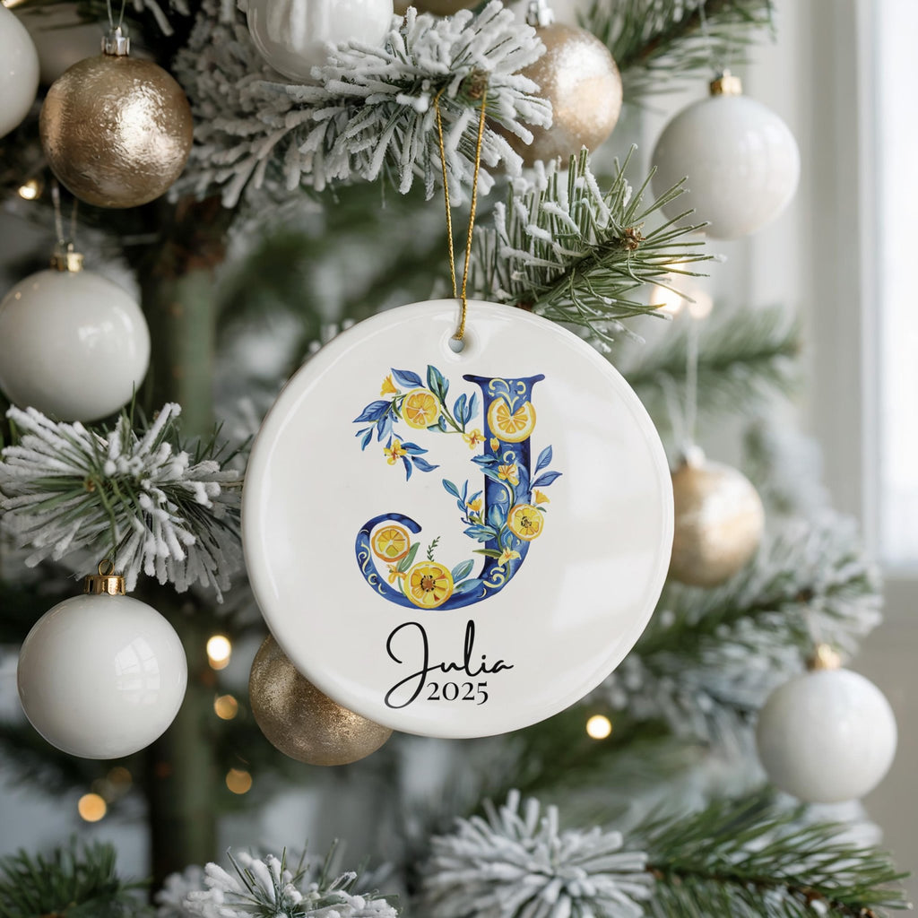 Custom Initial Ornament Name, Letter J, Personalized Portuguese Tile Monogram Christmas Gift Mediterranean Keepsake - CuteBeePix