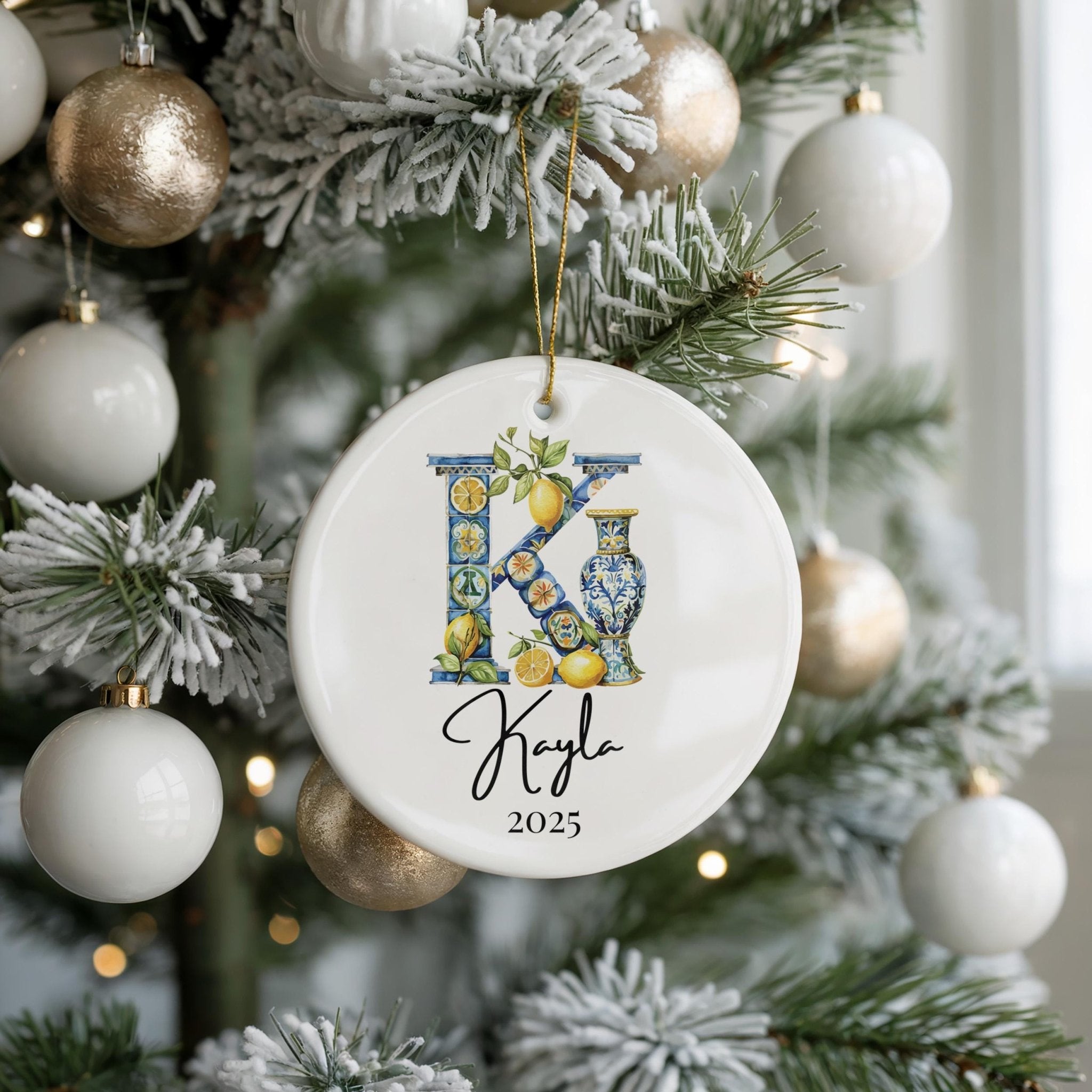 Custom Initial Ornament Name, Letter K, Personalized Portuguese Tile Monogram Christmas Gift Mediterranean Keepsake - CuteBeePix