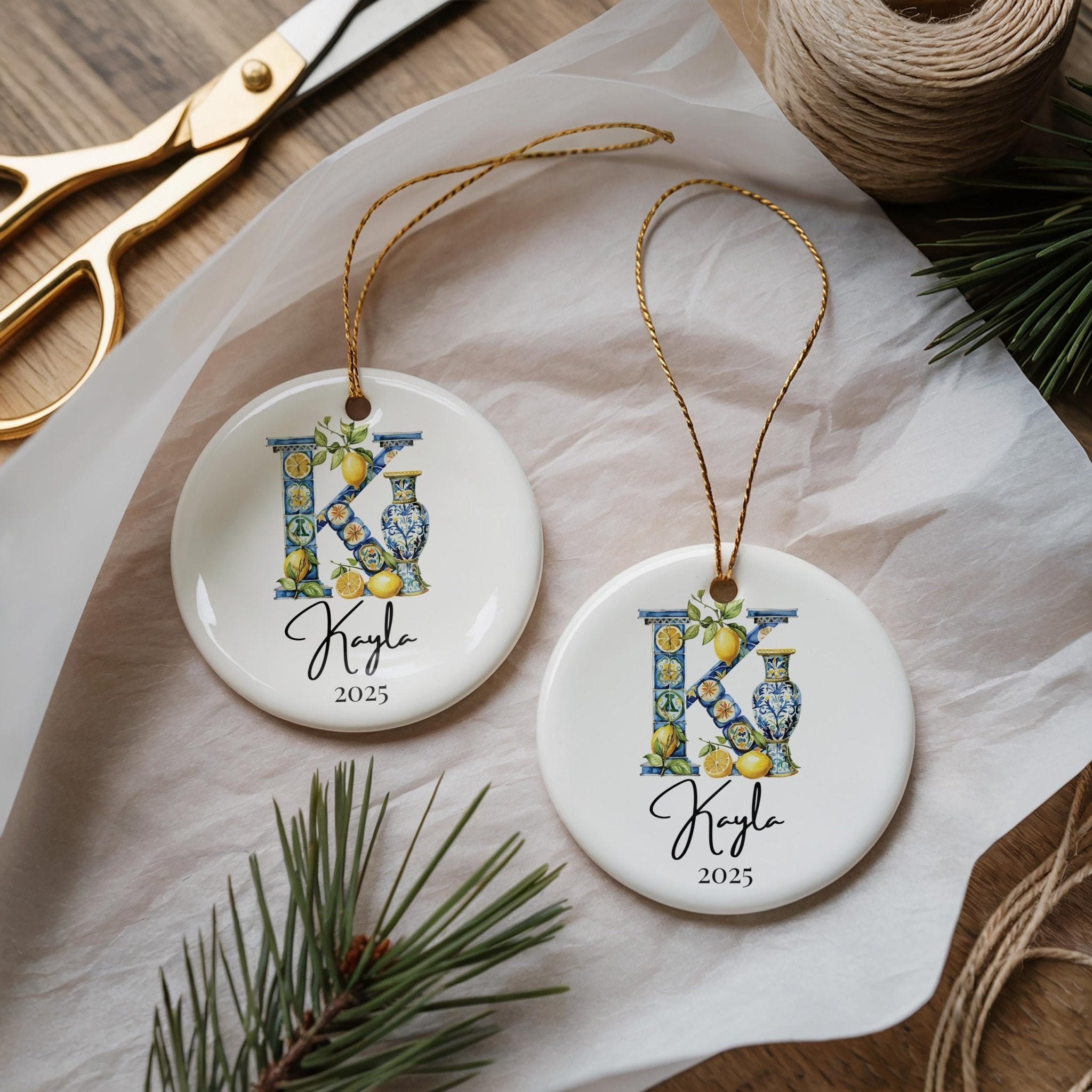 Custom Initial Ornament Name, Letter K, Personalized Portuguese Tile Monogram Christmas Gift Mediterranean Keepsake - CuteBeePix