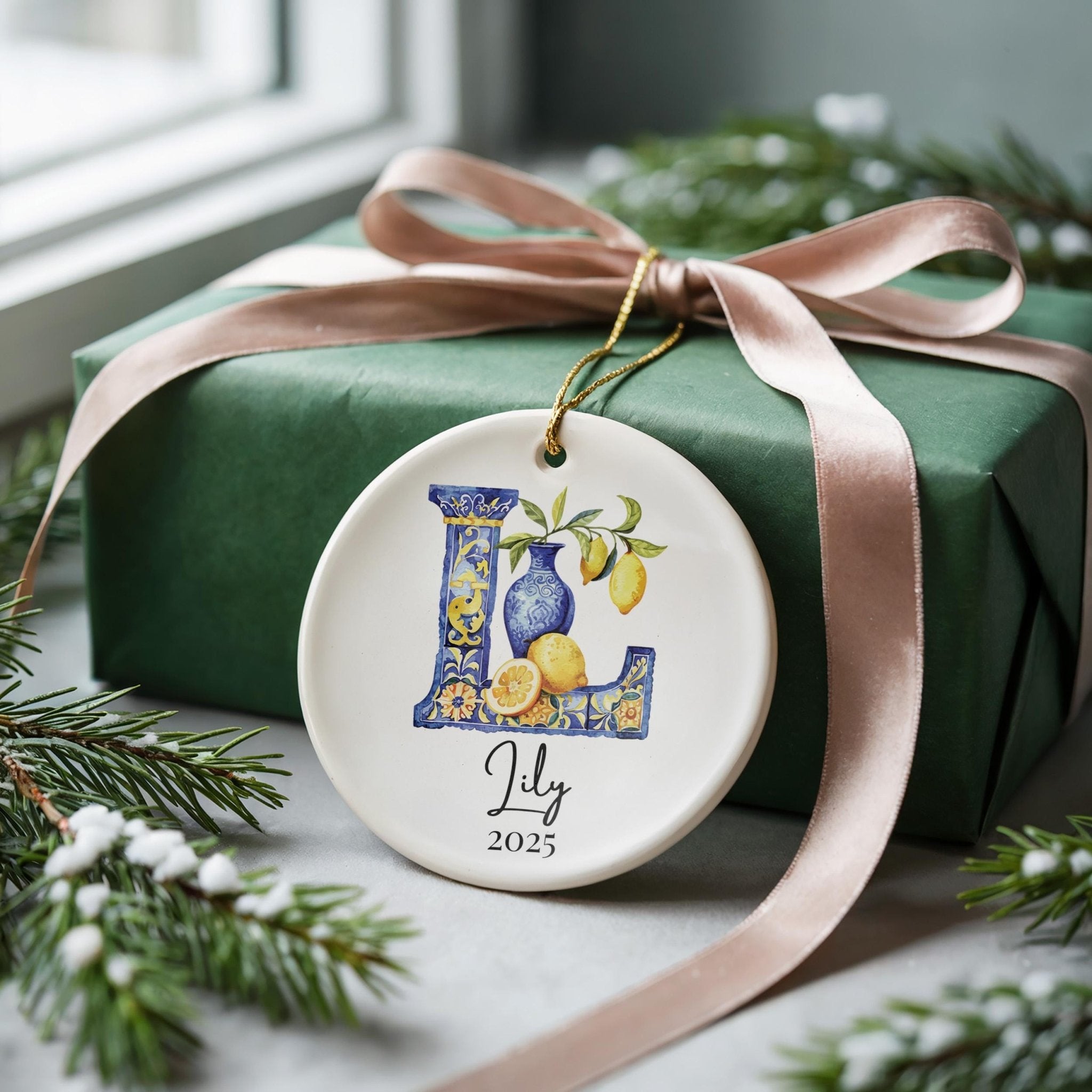 Custom Initial Ornament Name, Letter L, Personalized Portuguese Tile Monogram Christmas Gift Mediterranean Keepsake - CuteBeePix