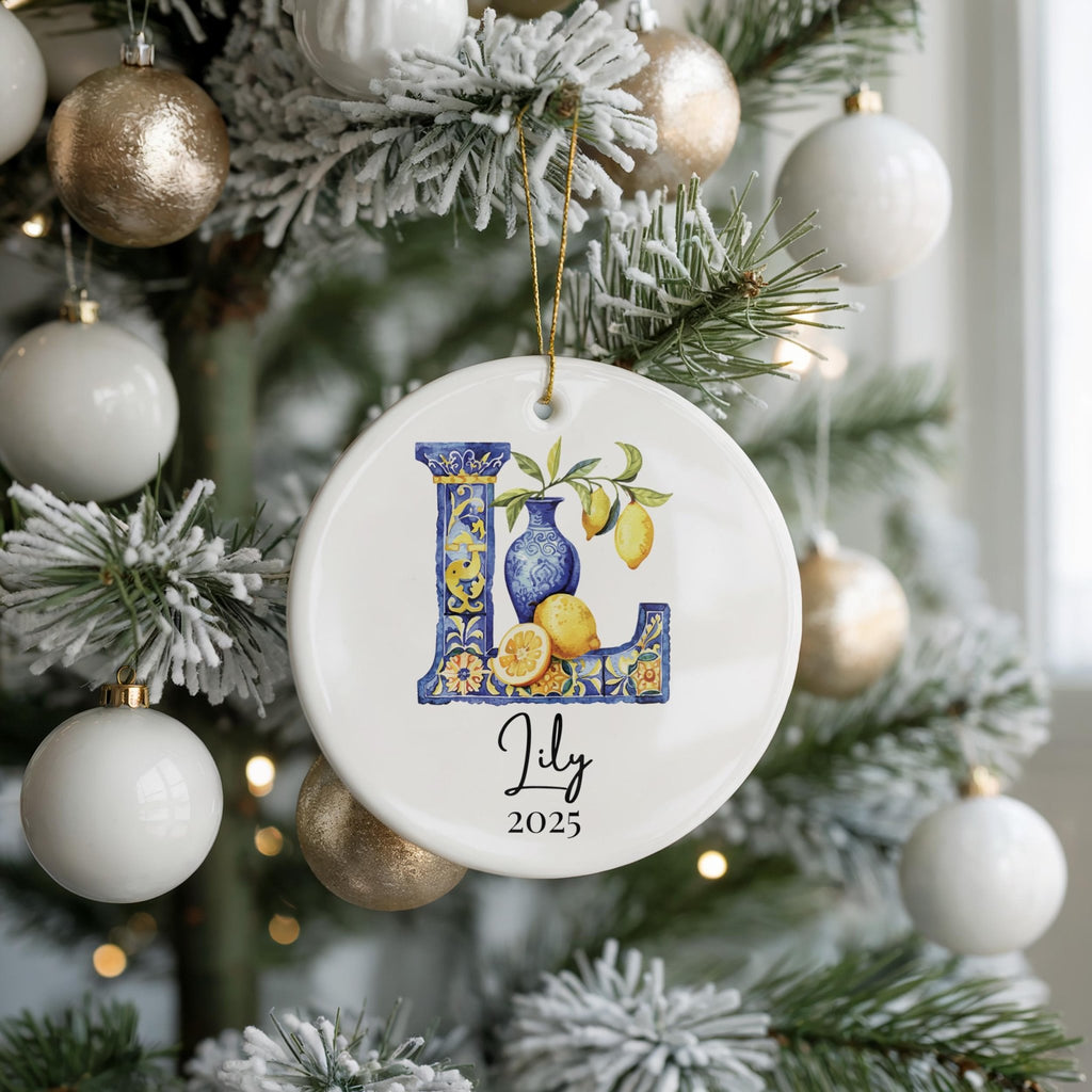 Custom Initial Ornament Name, Letter L, Personalized Portuguese Tile Monogram Christmas Gift Mediterranean Keepsake - CuteBeePix