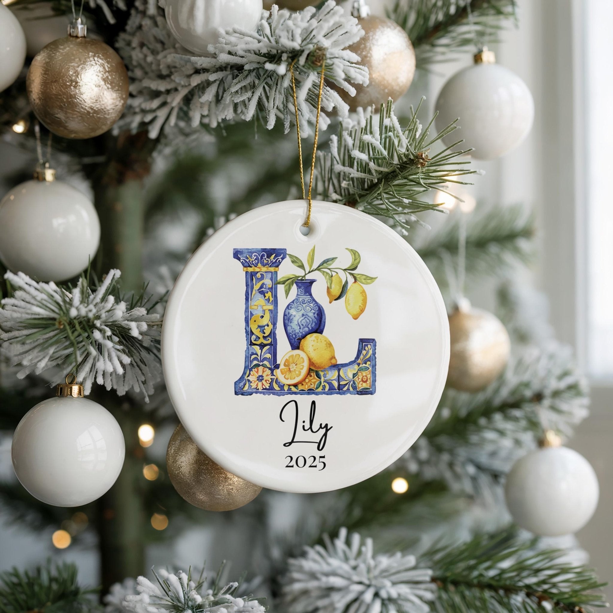 Custom Initial Ornament Name, Letter L, Personalized Portuguese Tile Monogram Christmas Gift Mediterranean Keepsake - CuteBeePix