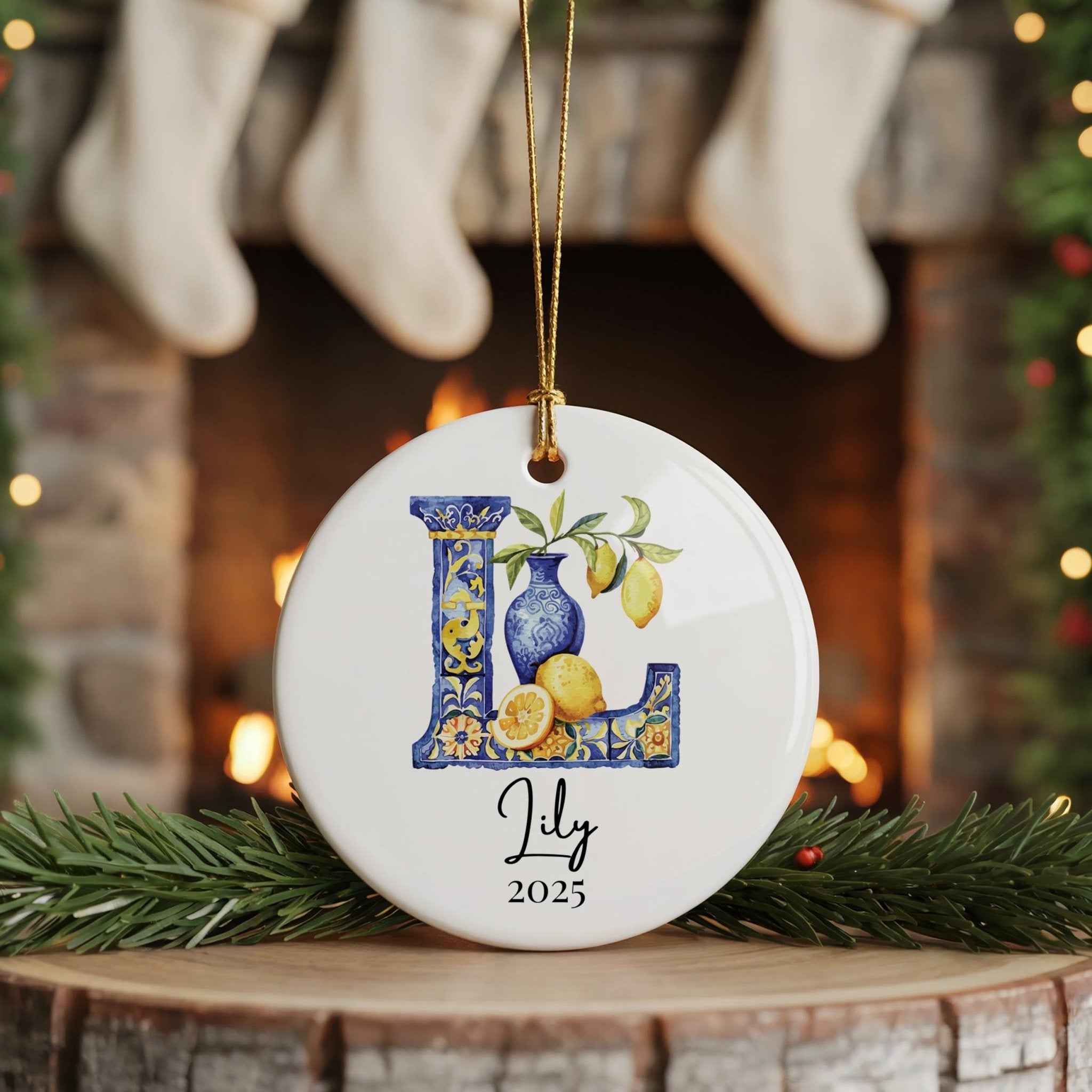 Custom Initial Ornament Name, Letter L, Personalized Portuguese Tile Monogram Christmas Gift Mediterranean Keepsake - CuteBeePix