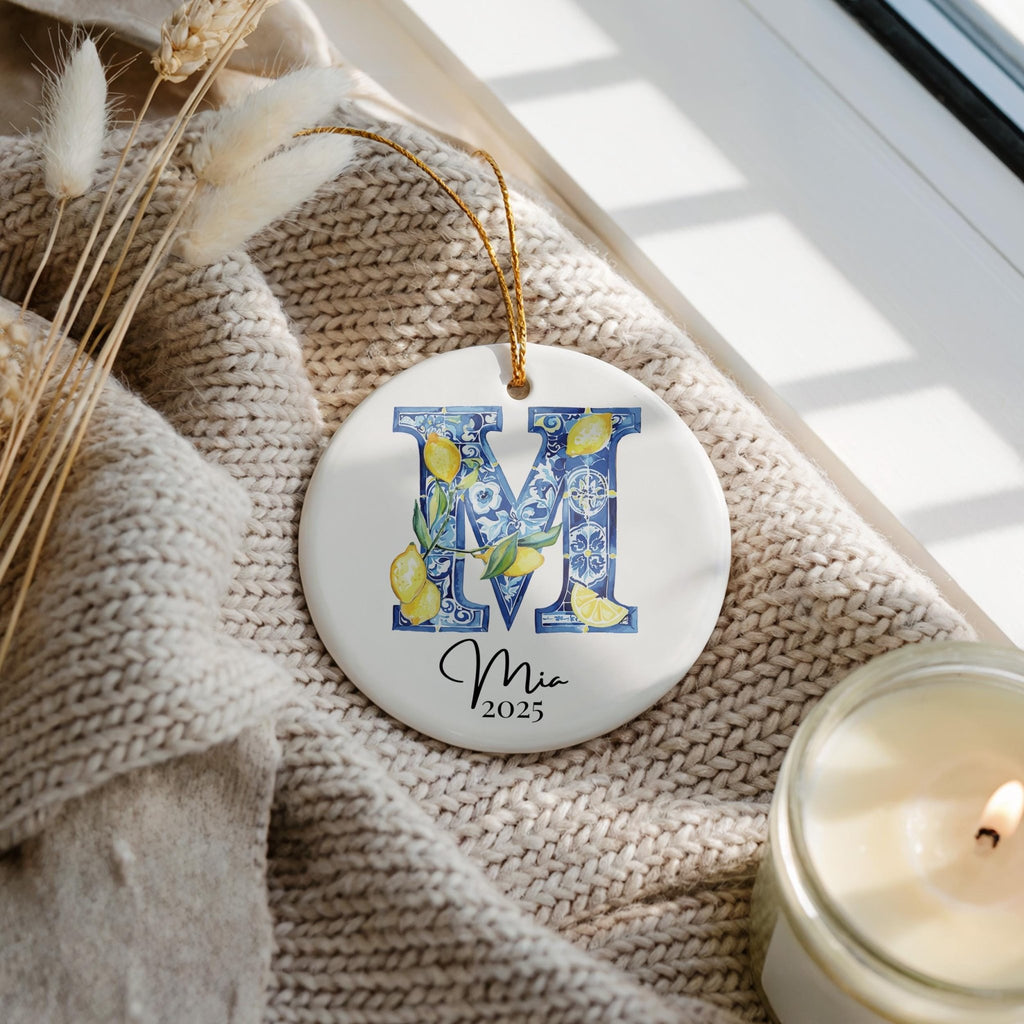 Custom Initial Ornament Name, Letter M, Personalized Portuguese Tile Monogram Christmas Gift Mediterranean Keepsake - CuteBeePix