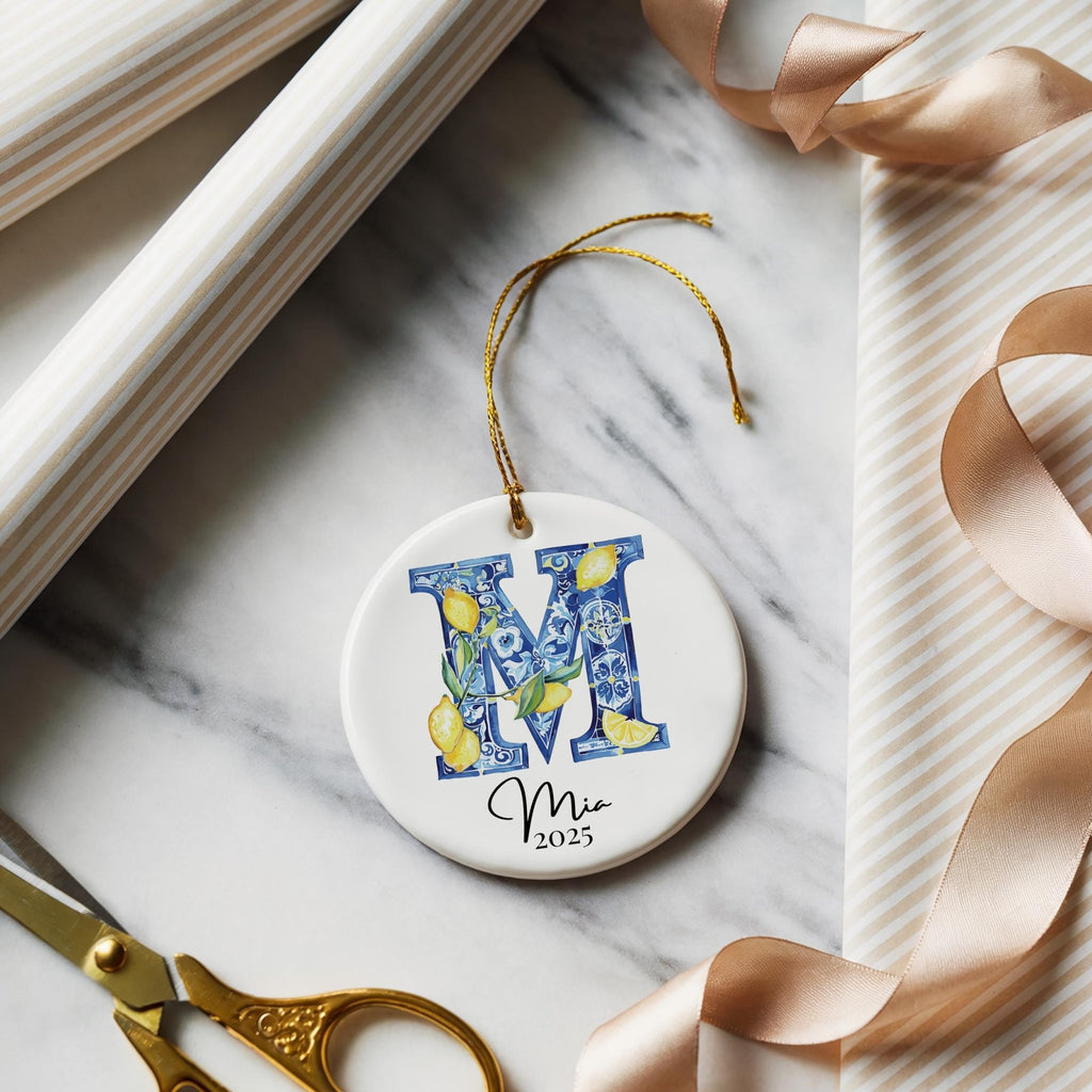 Custom Initial Ornament Name, Letter M, Personalized Portuguese Tile Monogram Christmas Gift Mediterranean Keepsake - CuteBeePix