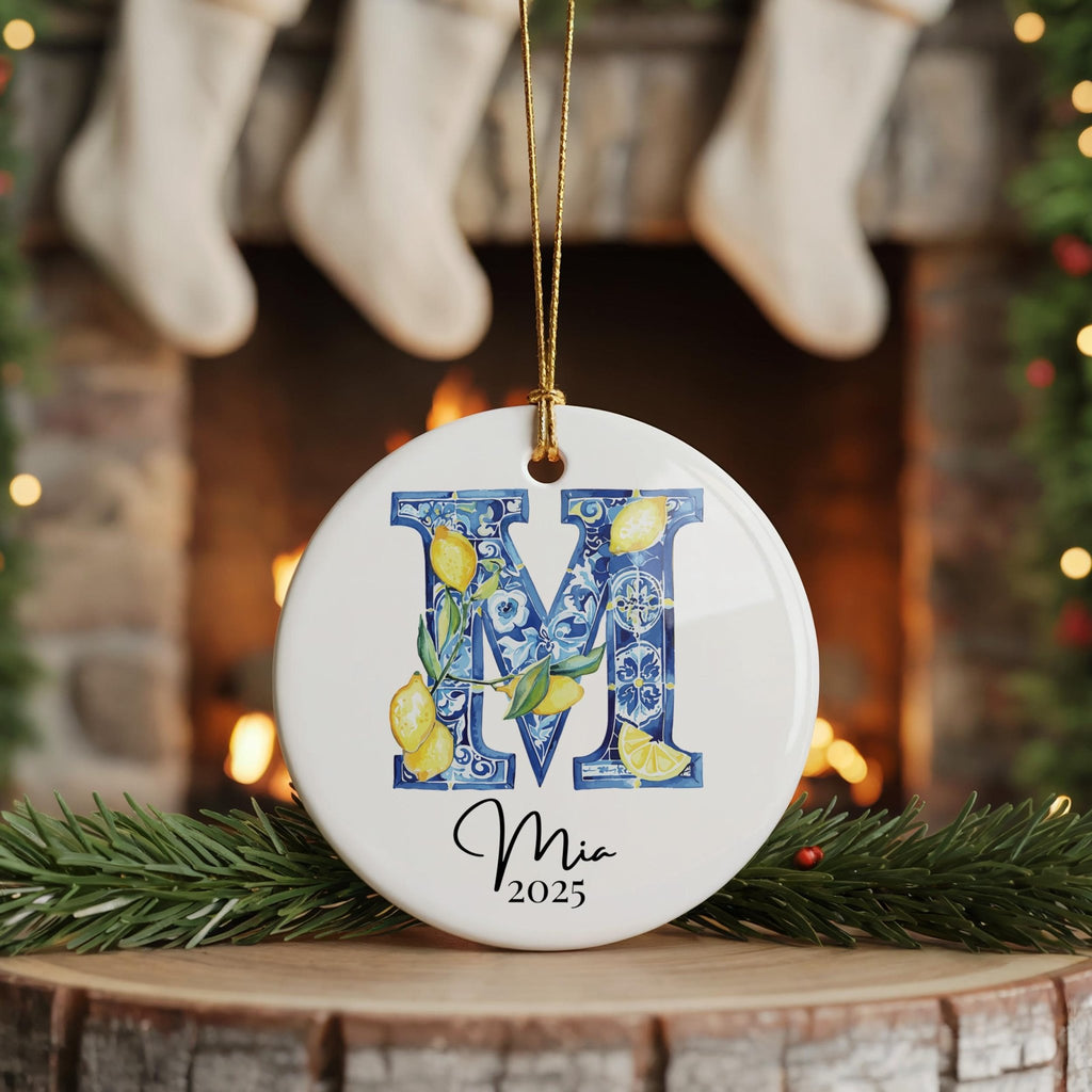 Custom Initial Ornament Name, Letter M, Personalized Portuguese Tile Monogram Christmas Gift Mediterranean Keepsake - CuteBeePix