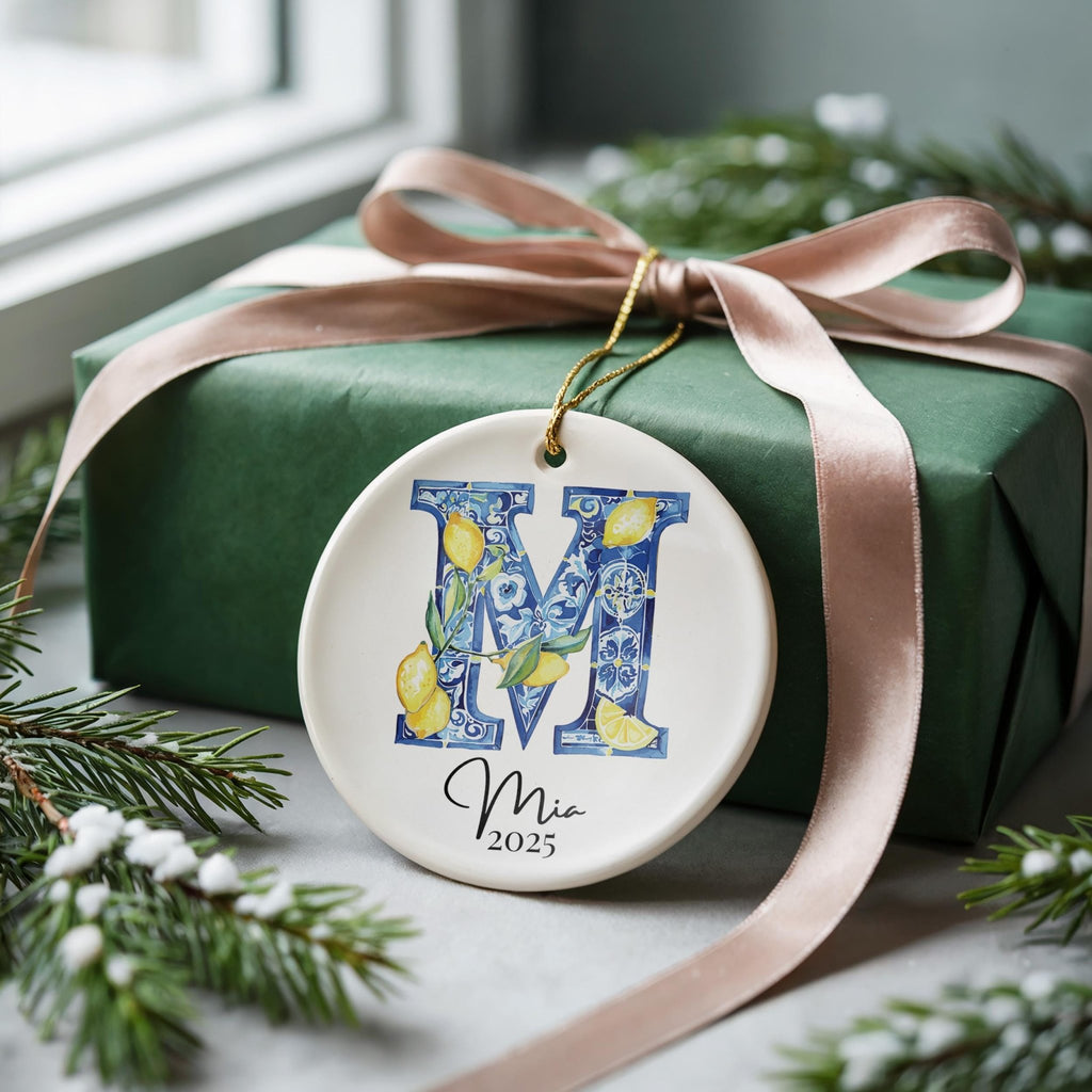 Custom Initial Ornament Name, Letter M, Personalized Portuguese Tile Monogram Christmas Gift Mediterranean Keepsake - CuteBeePix