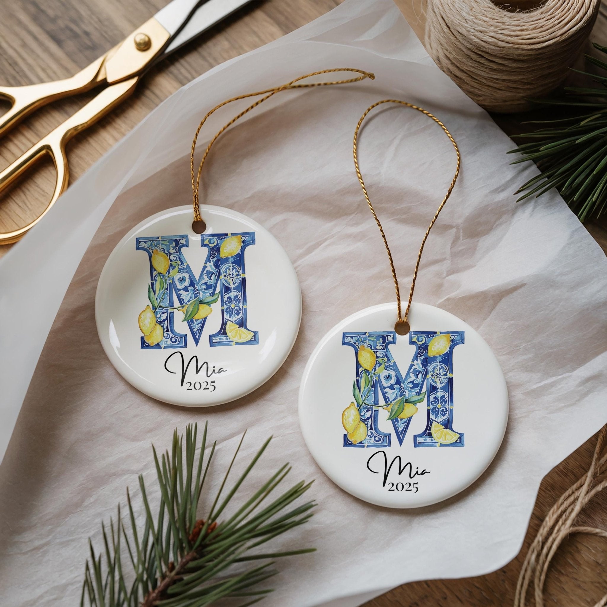 Custom Initial Ornament Name, Letter M, Personalized Portuguese Tile Monogram Christmas Gift Mediterranean Keepsake - CuteBeePix