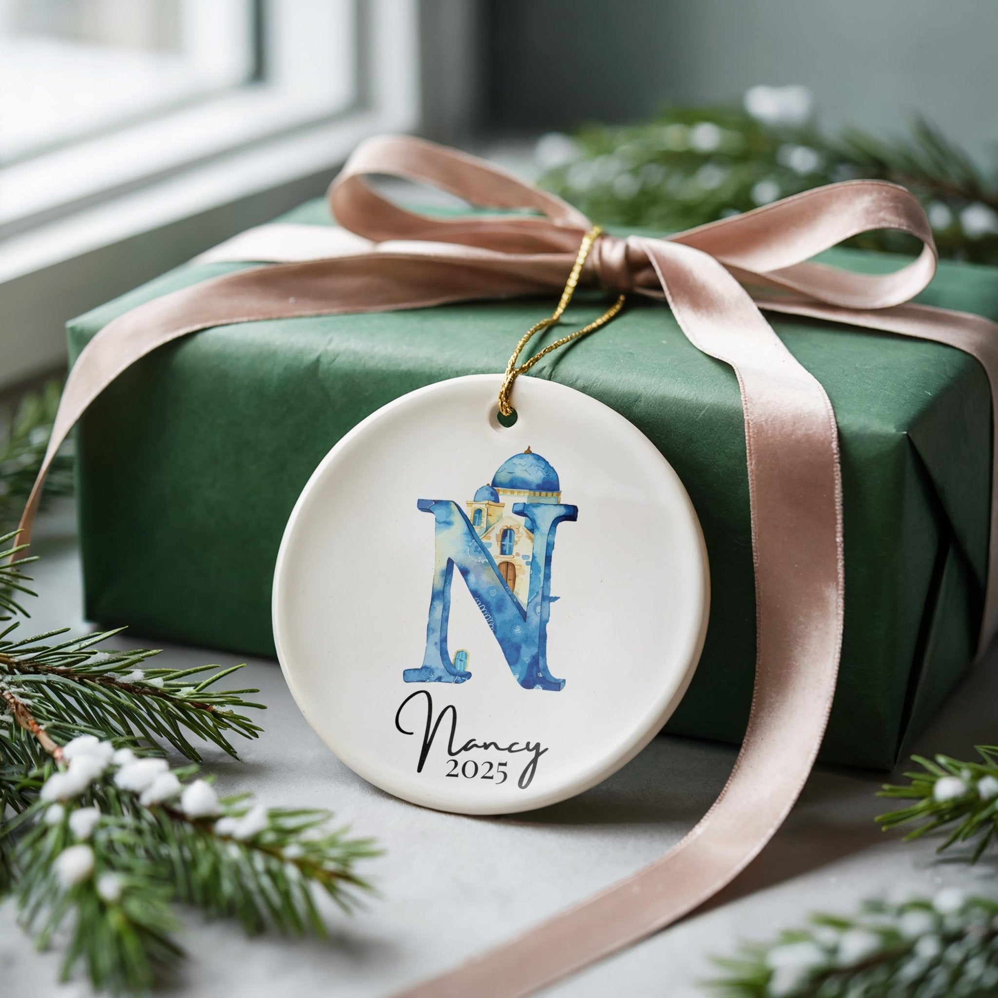 Custom Initial Ornament Name, Letter N, Personalized Portuguese Tile Monogram Christmas Gift Mediterranean Keepsake - CuteBeePix