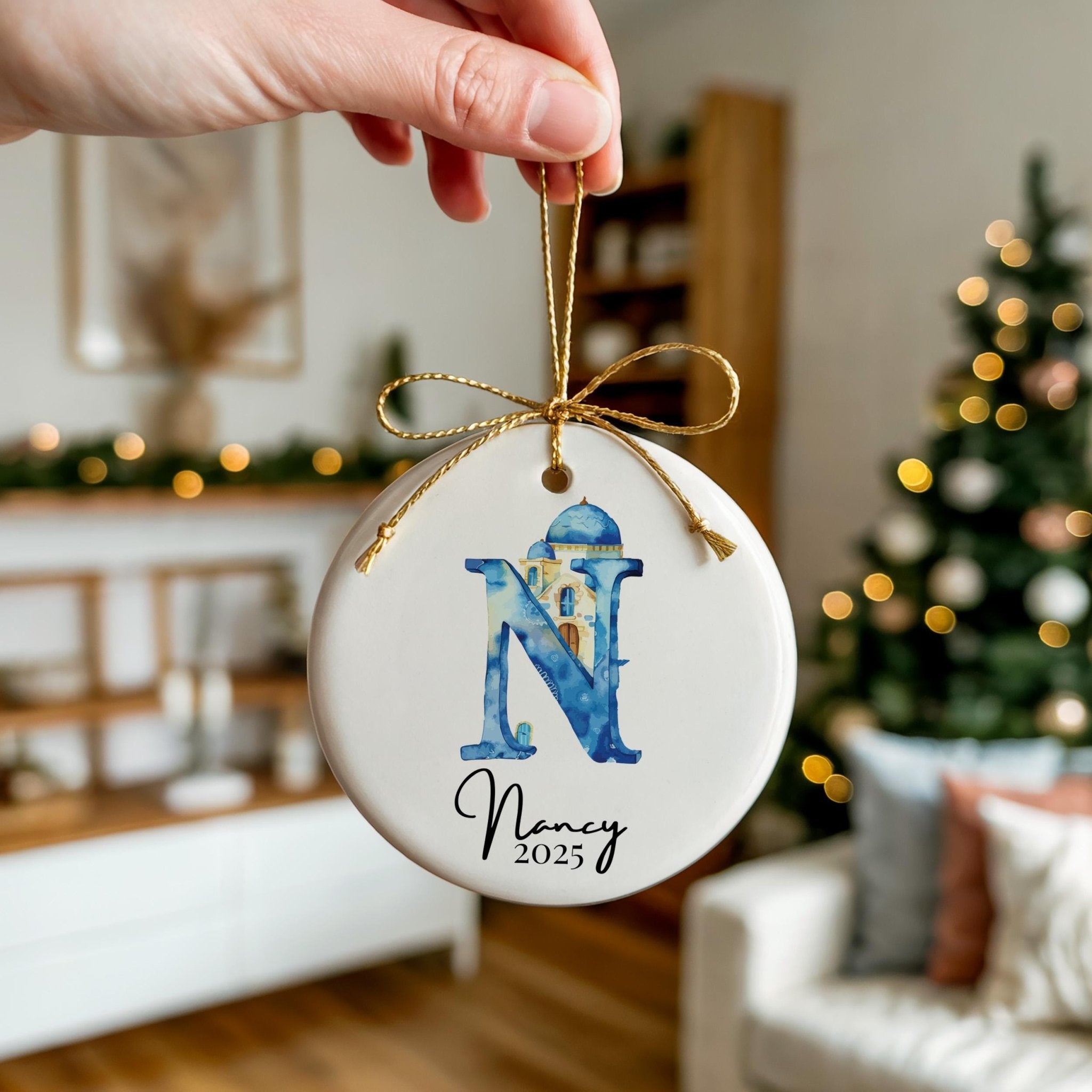 Custom Initial Ornament Name, Letter N, Personalized Portuguese Tile Monogram Christmas Gift Mediterranean Keepsake - CuteBeePix