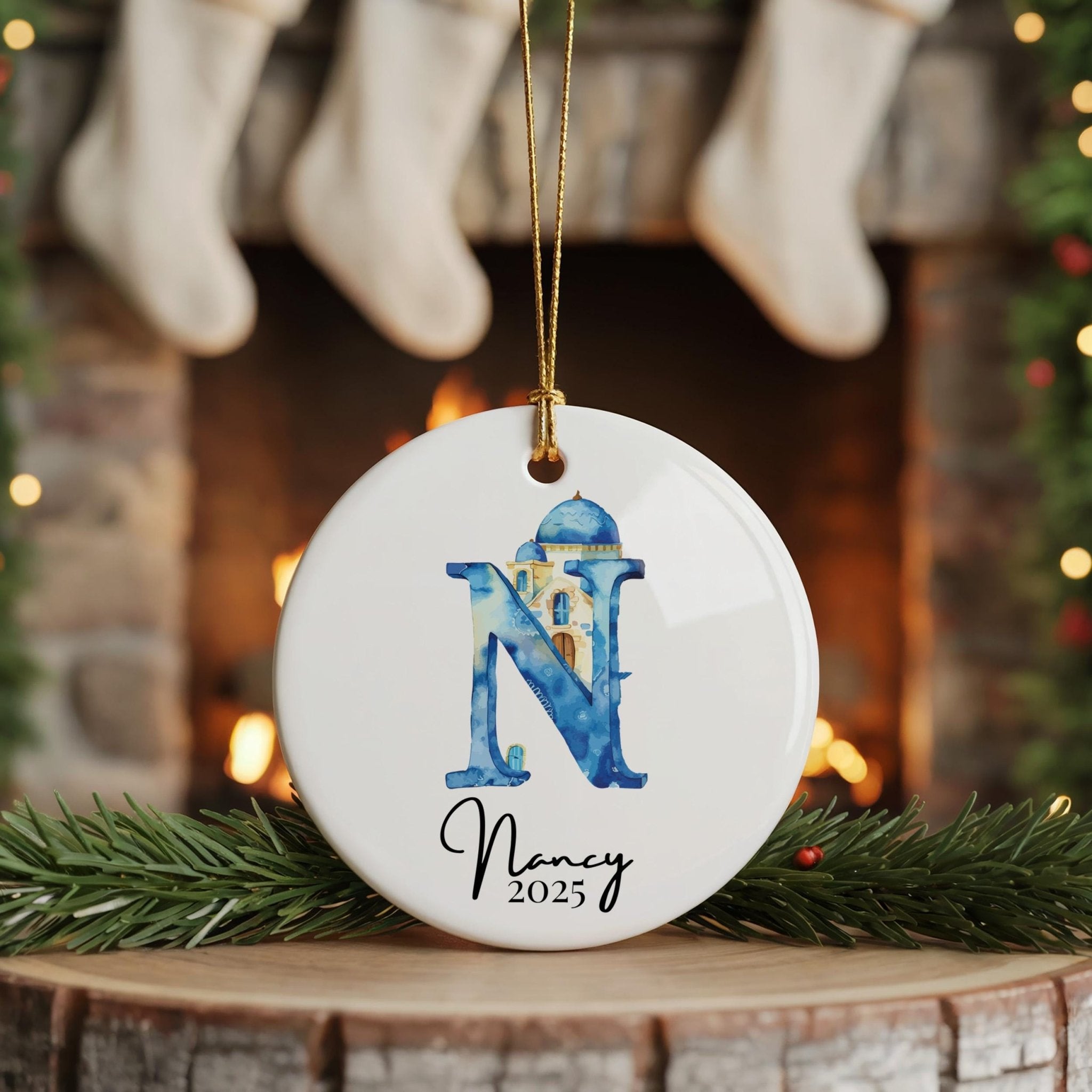 Custom Initial Ornament Name, Letter N, Personalized Portuguese Tile Monogram Christmas Gift Mediterranean Keepsake - CuteBeePix