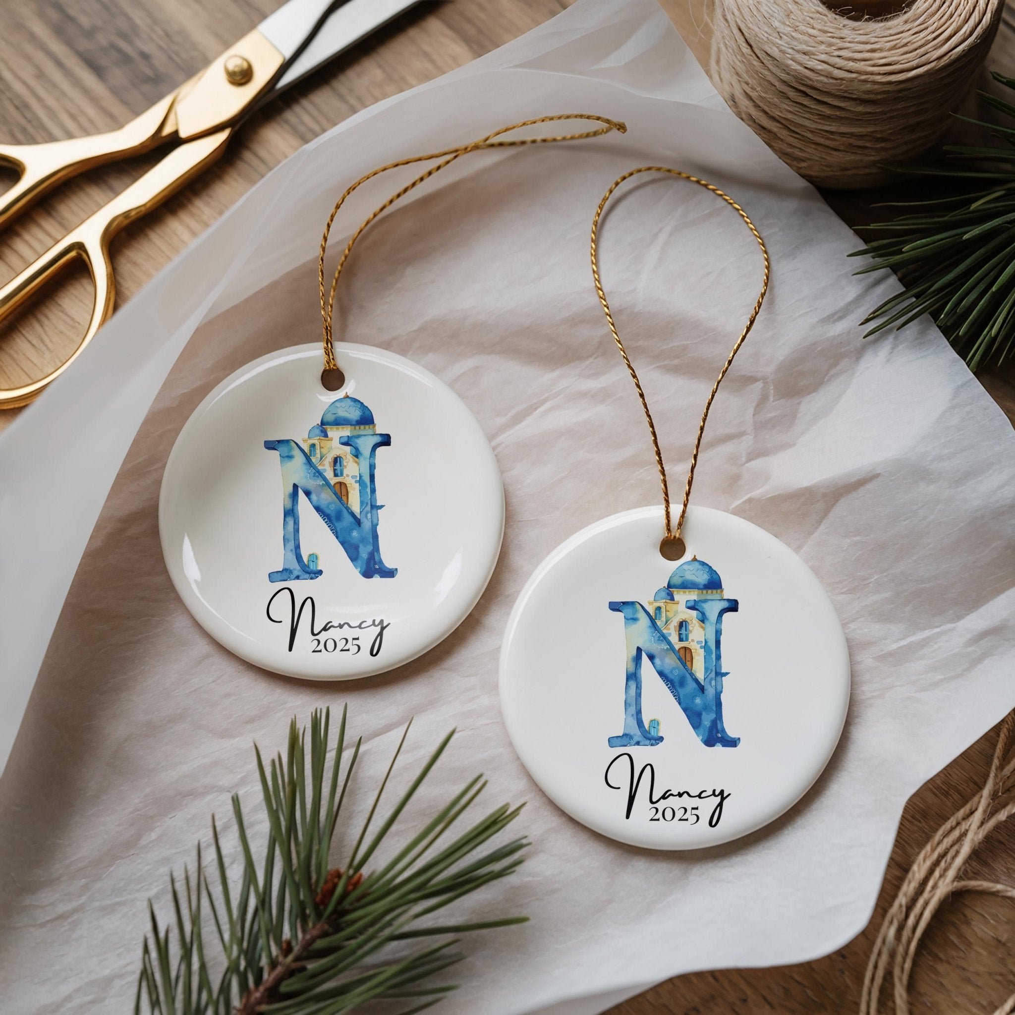 Custom Initial Ornament Name, Letter N, Personalized Portuguese Tile Monogram Christmas Gift Mediterranean Keepsake - CuteBeePix