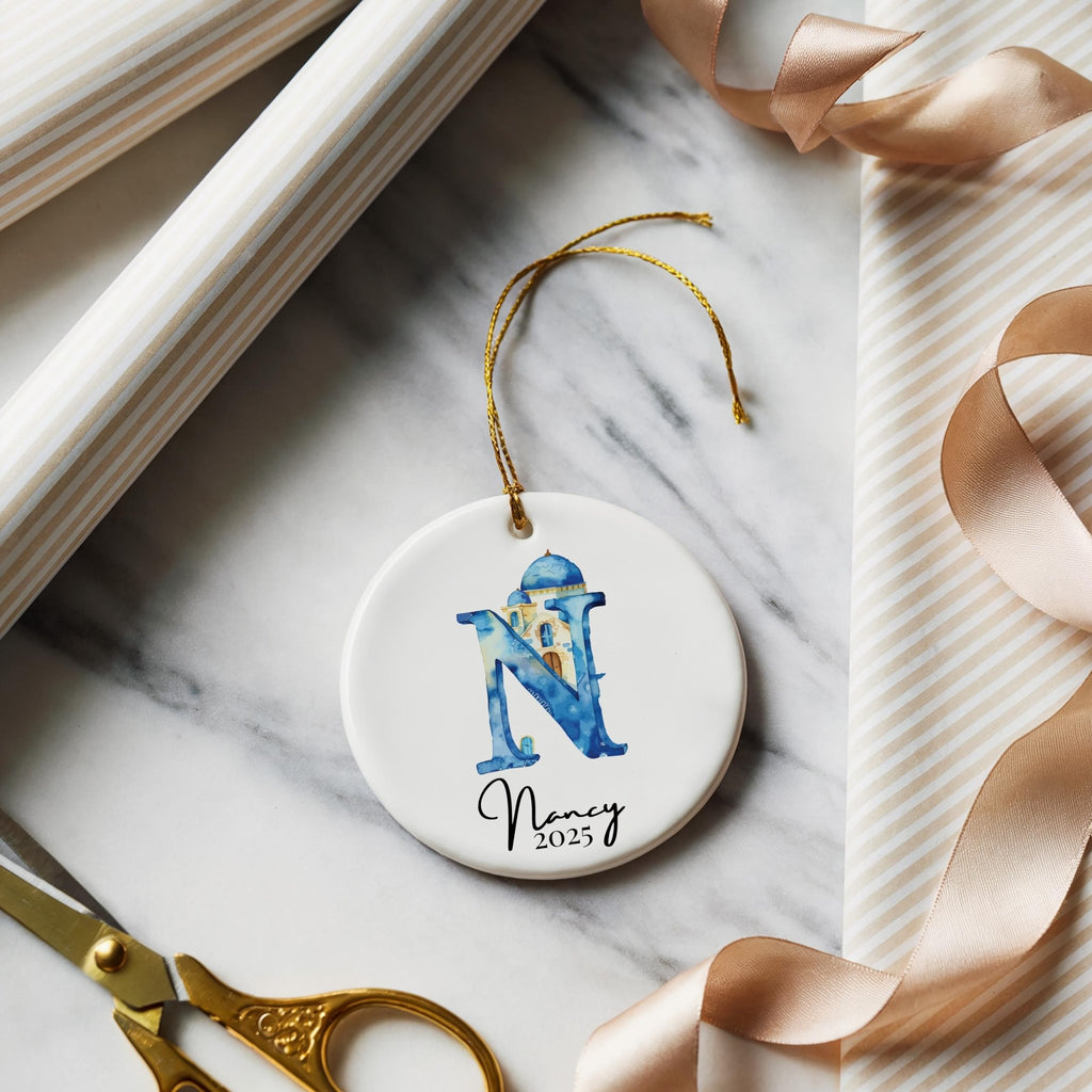 Custom Initial Ornament Name, Letter N, Personalized Portuguese Tile Monogram Christmas Gift Mediterranean Keepsake - CuteBeePix
