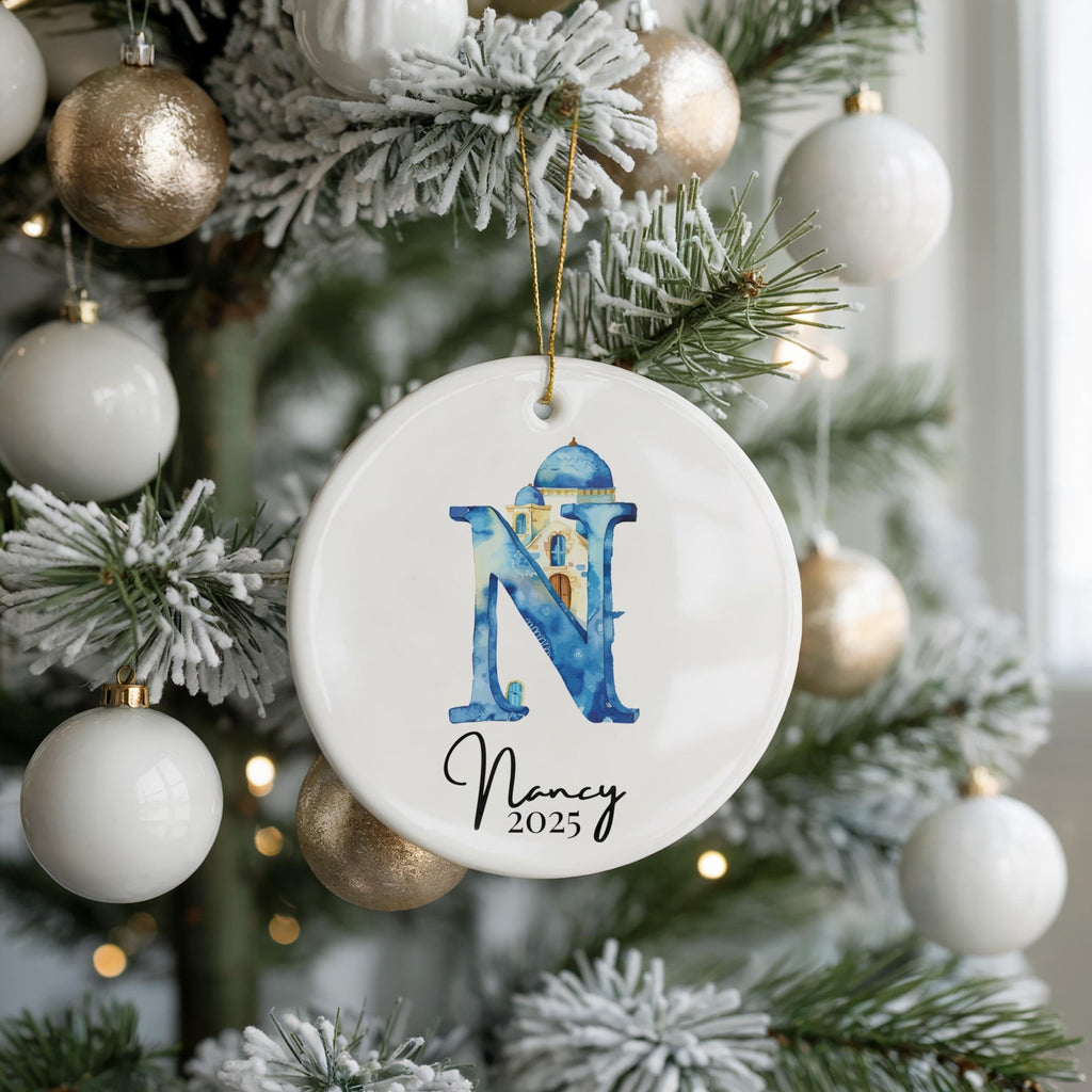 Custom Initial Ornament Name, Letter N, Personalized Portuguese Tile Monogram Christmas Gift Mediterranean Keepsake - CuteBeePix