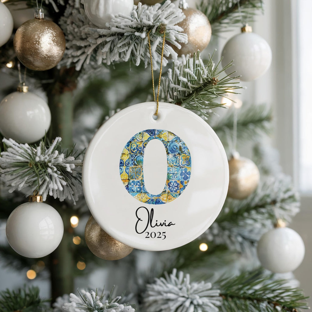 Custom Initial Ornament Name, Letter O, Personalized Portuguese Tile Monogram Christmas Gift Mediterranean Keepsake - CuteBeePix