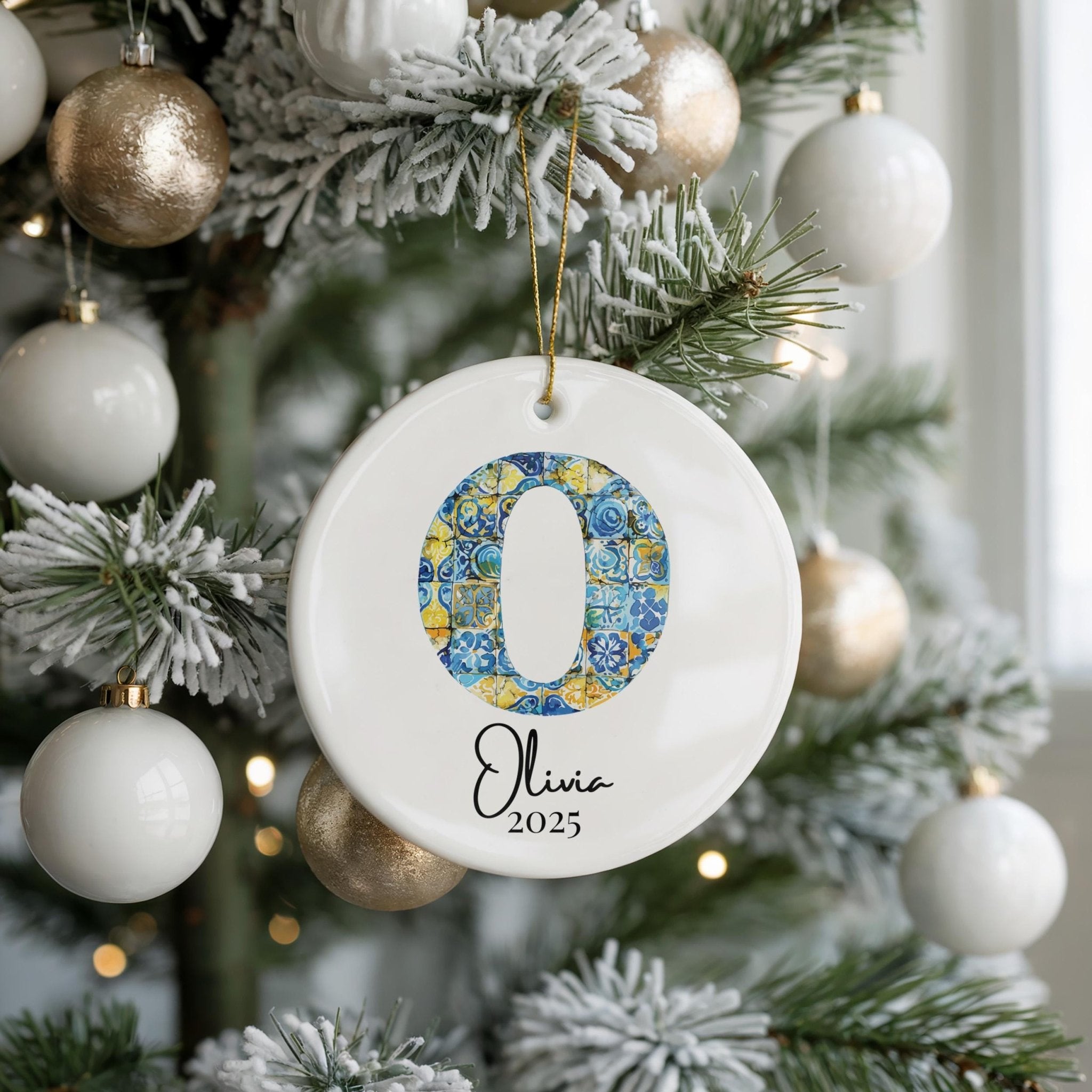 Custom Initial Ornament Name, Letter O, Personalized Portuguese Tile Monogram Christmas Gift Mediterranean Keepsake - CuteBeePix