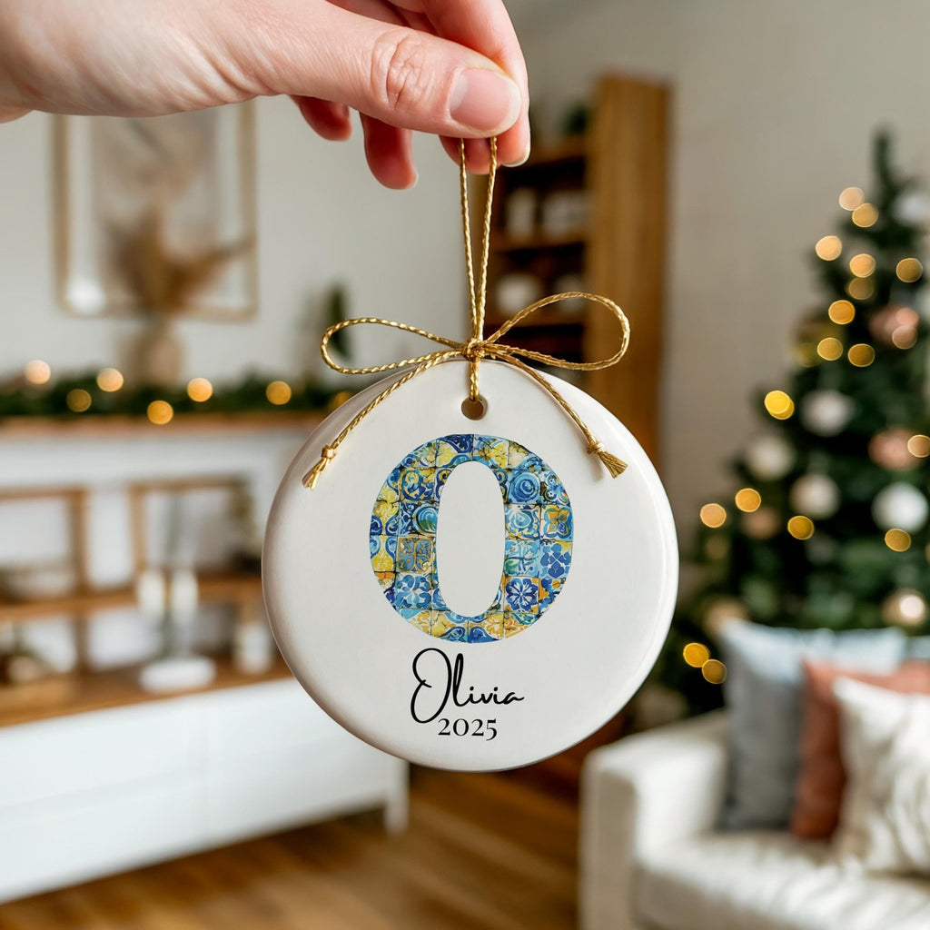 Custom Initial Ornament Name, Letter O, Personalized Portuguese Tile Monogram Christmas Gift Mediterranean Keepsake - CuteBeePix