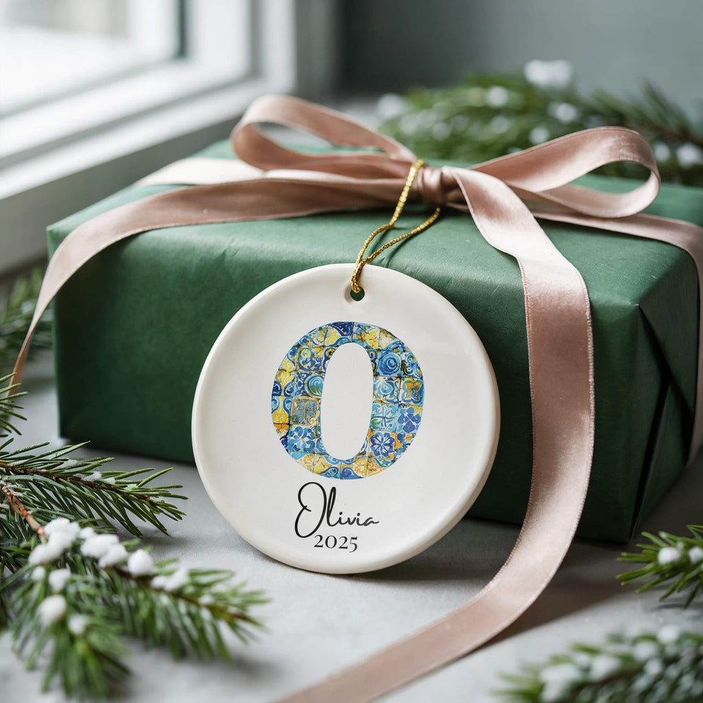 Custom Initial Ornament Name, Letter O, Personalized Portuguese Tile Monogram Christmas Gift Mediterranean Keepsake - CuteBeePix