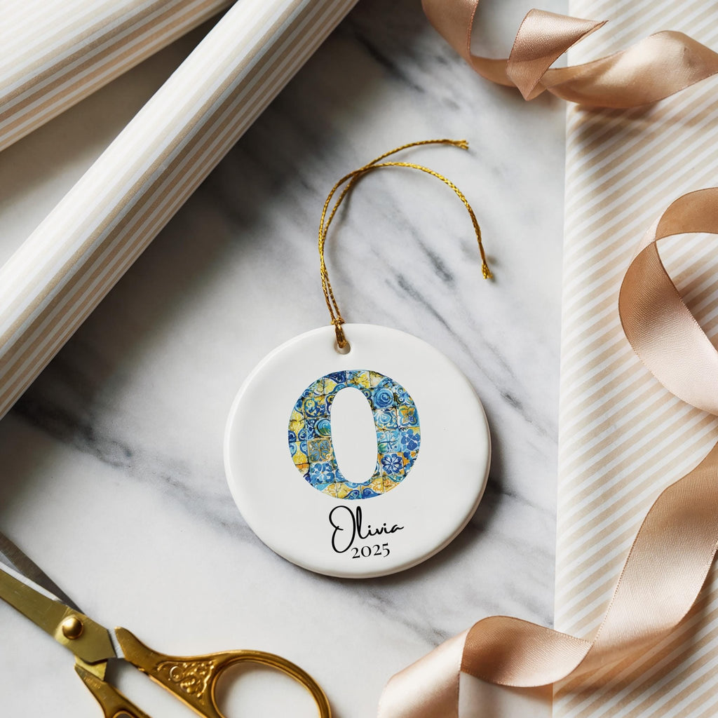 Custom Initial Ornament Name, Letter O, Personalized Portuguese Tile Monogram Christmas Gift Mediterranean Keepsake - CuteBeePix
