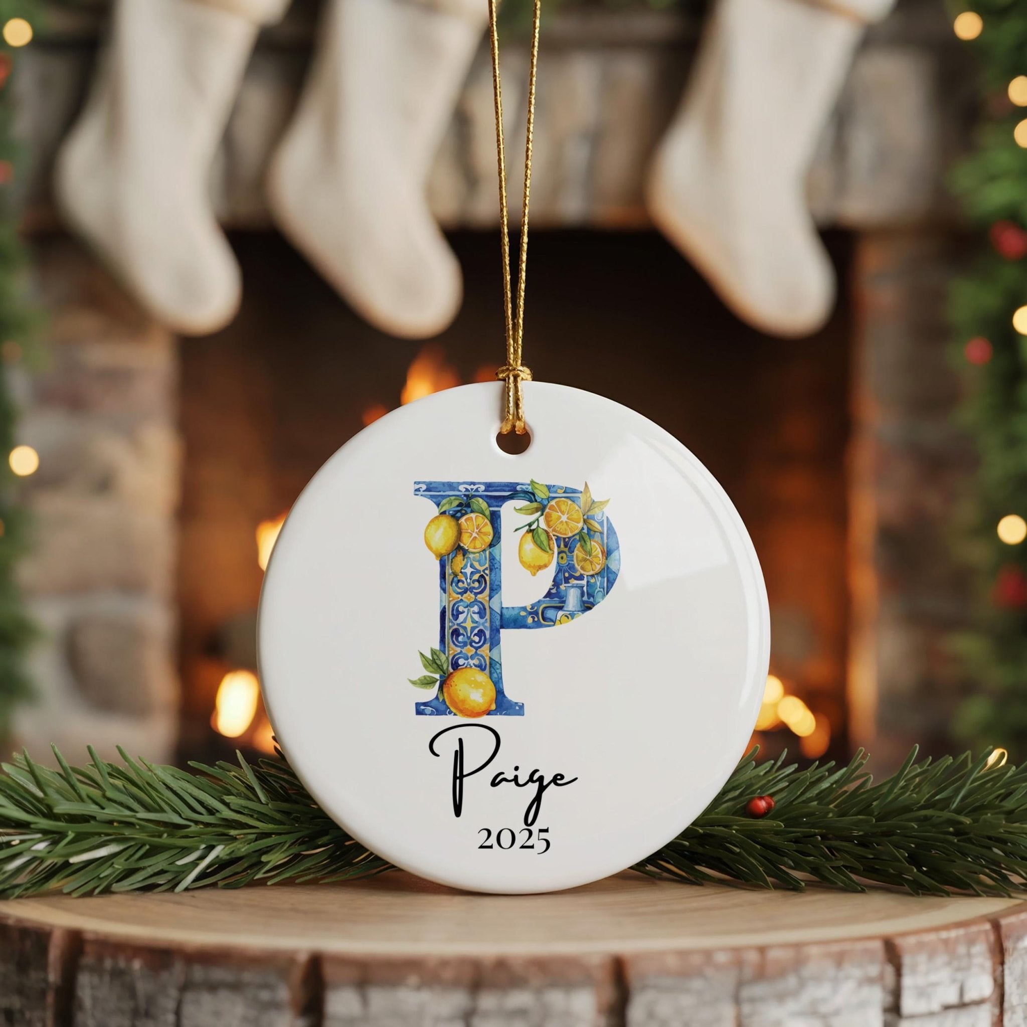 Custom Initial Ornament Name, Letter P, Personalized Portuguese Tile Monogram Christmas Gift Mediterranean Keepsake - CuteBeePix