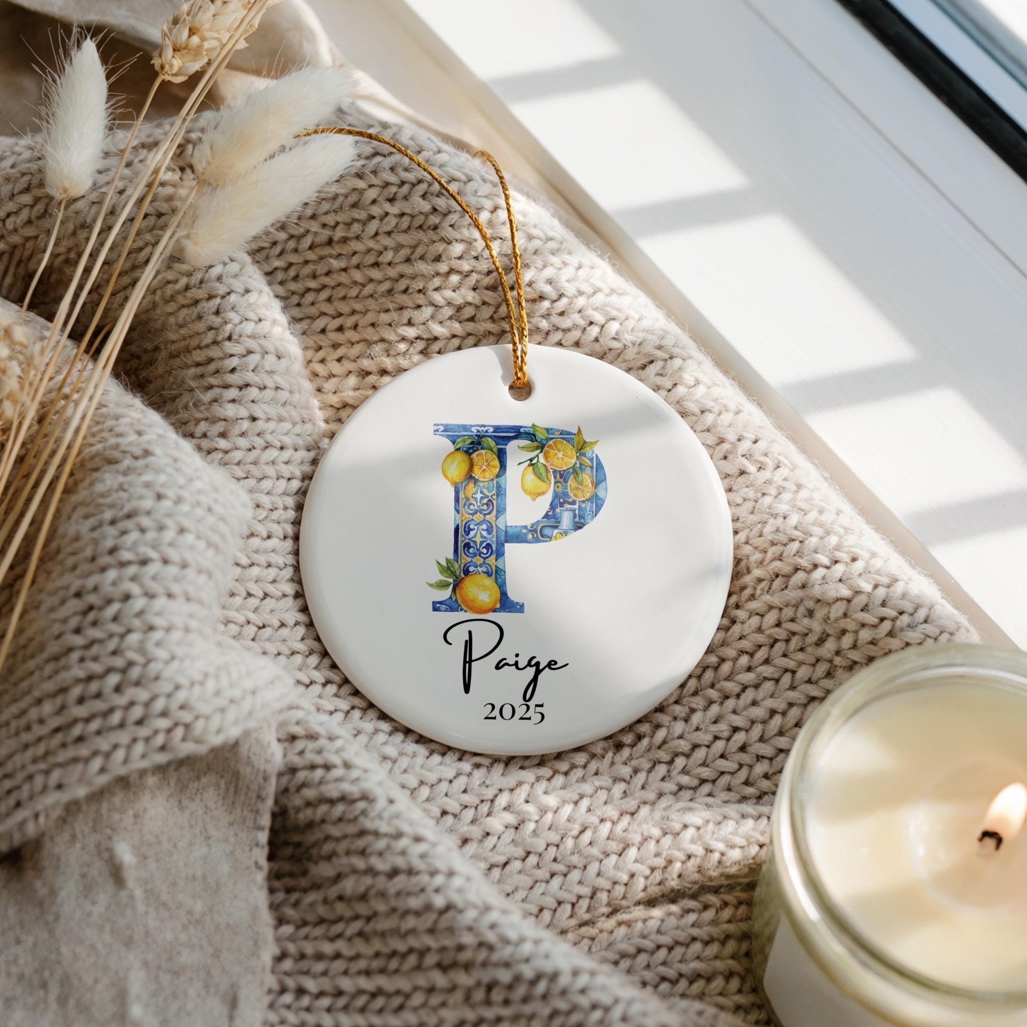 Custom Initial Ornament Name, Letter P, Personalized Portuguese Tile Monogram Christmas Gift Mediterranean Keepsake - CuteBeePix