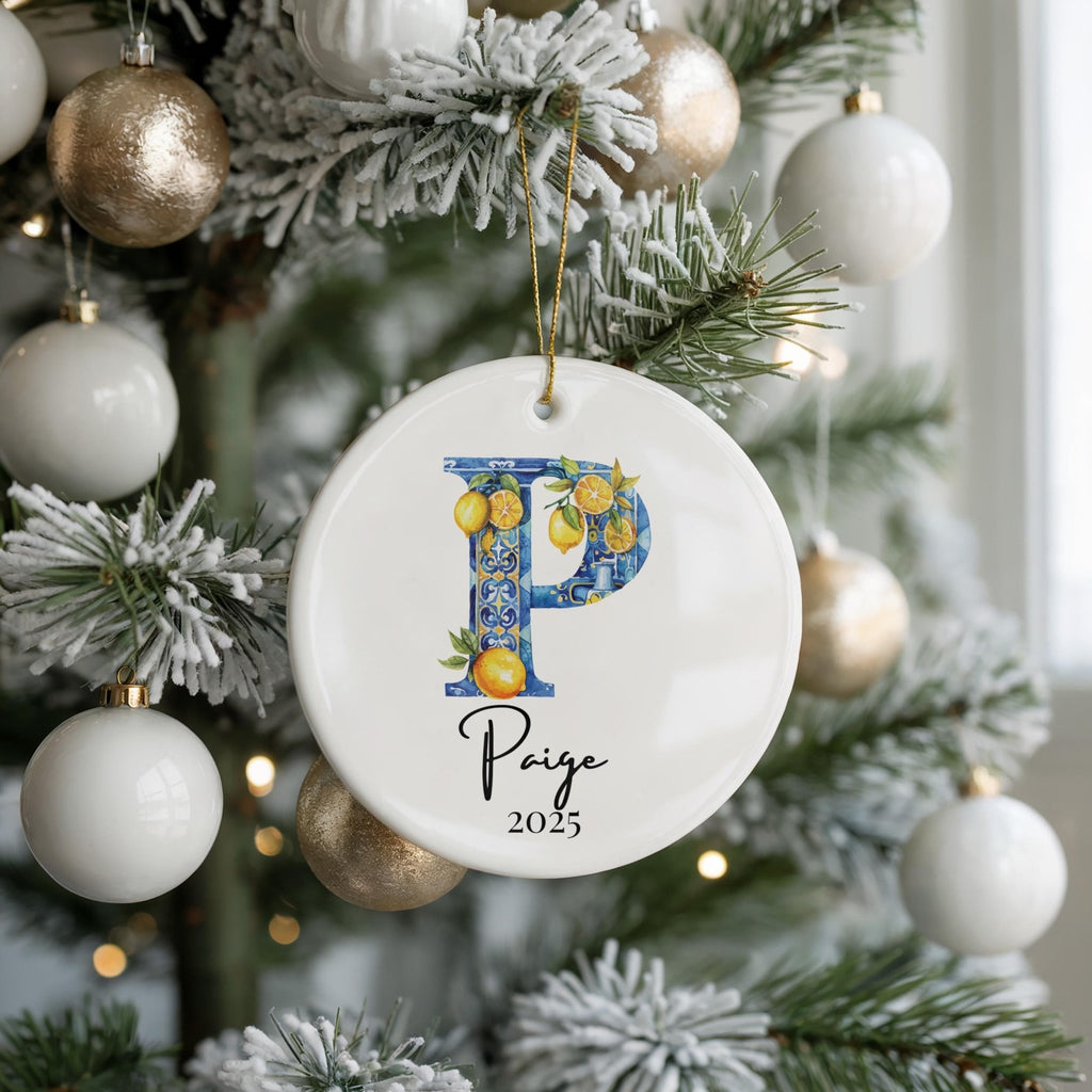 Custom Initial Ornament Name, Letter P, Personalized Portuguese Tile Monogram Christmas Gift Mediterranean Keepsake - CuteBeePix