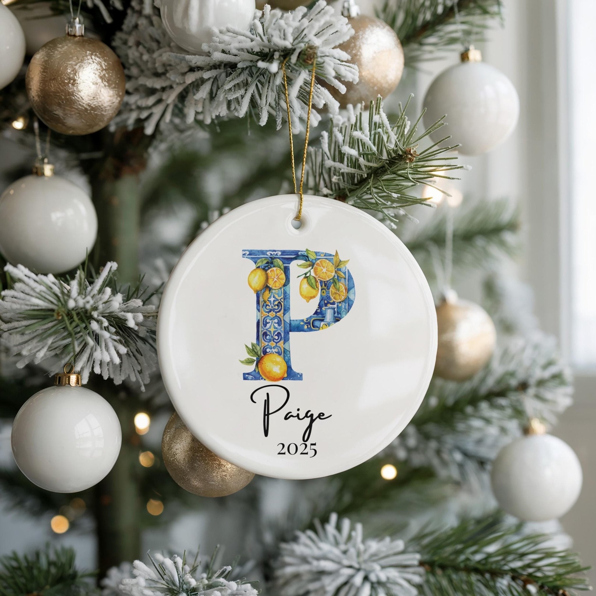 Custom Initial Ornament Name, Letter P, Personalized Portuguese Tile Monogram Christmas Gift Mediterranean Keepsake - CuteBeePix