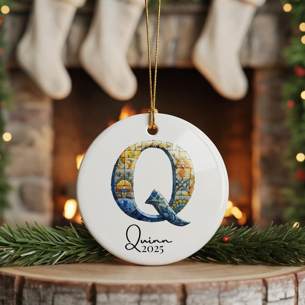 Custom Initial Ornament Name, Letter Q, Personalized Portuguese Tile Monogram Christmas Gift Mediterranean Keepsake - CuteBeePix