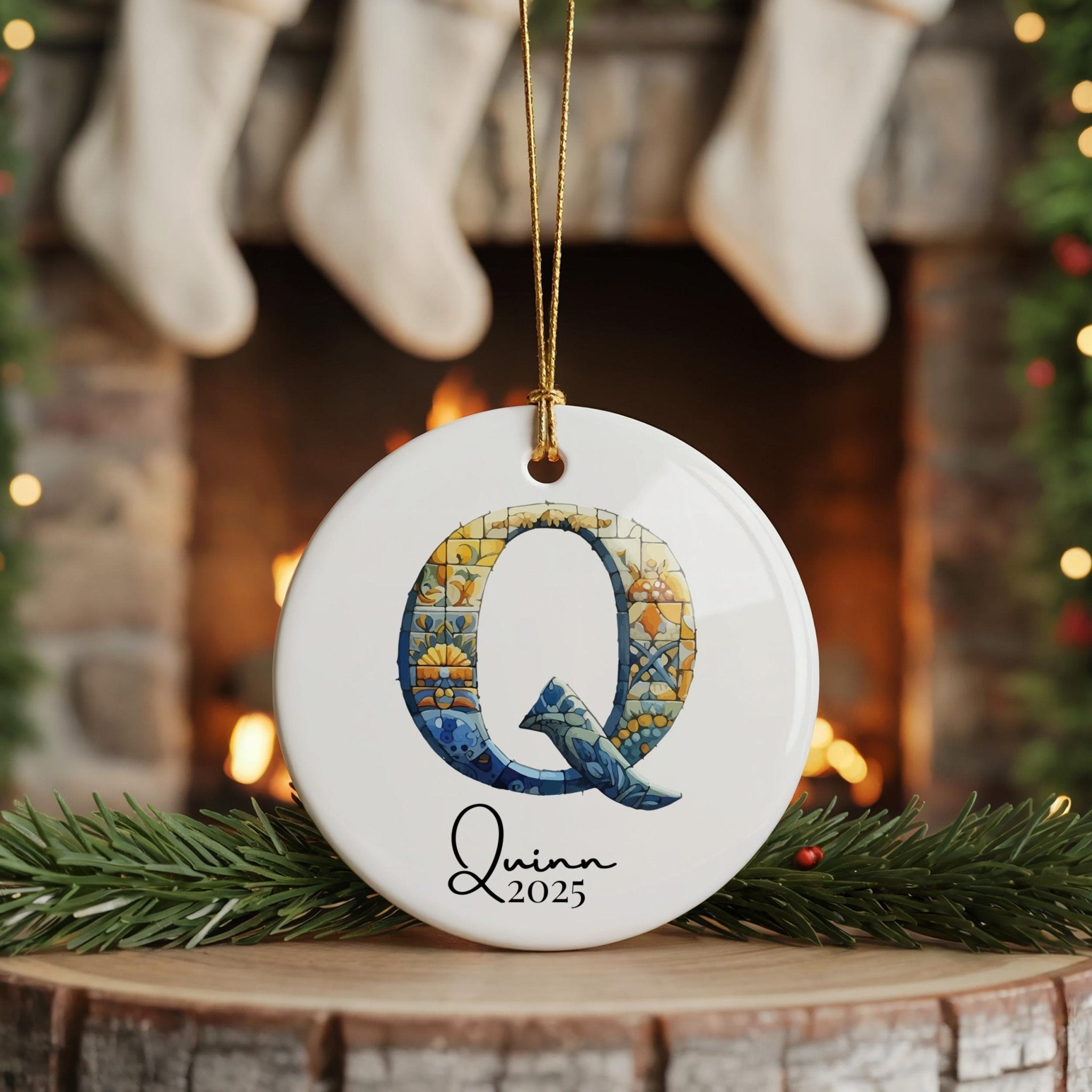 Custom Initial Ornament Name, Letter Q, Personalized Portuguese Tile Monogram Christmas Gift Mediterranean Keepsake - CuteBeePix