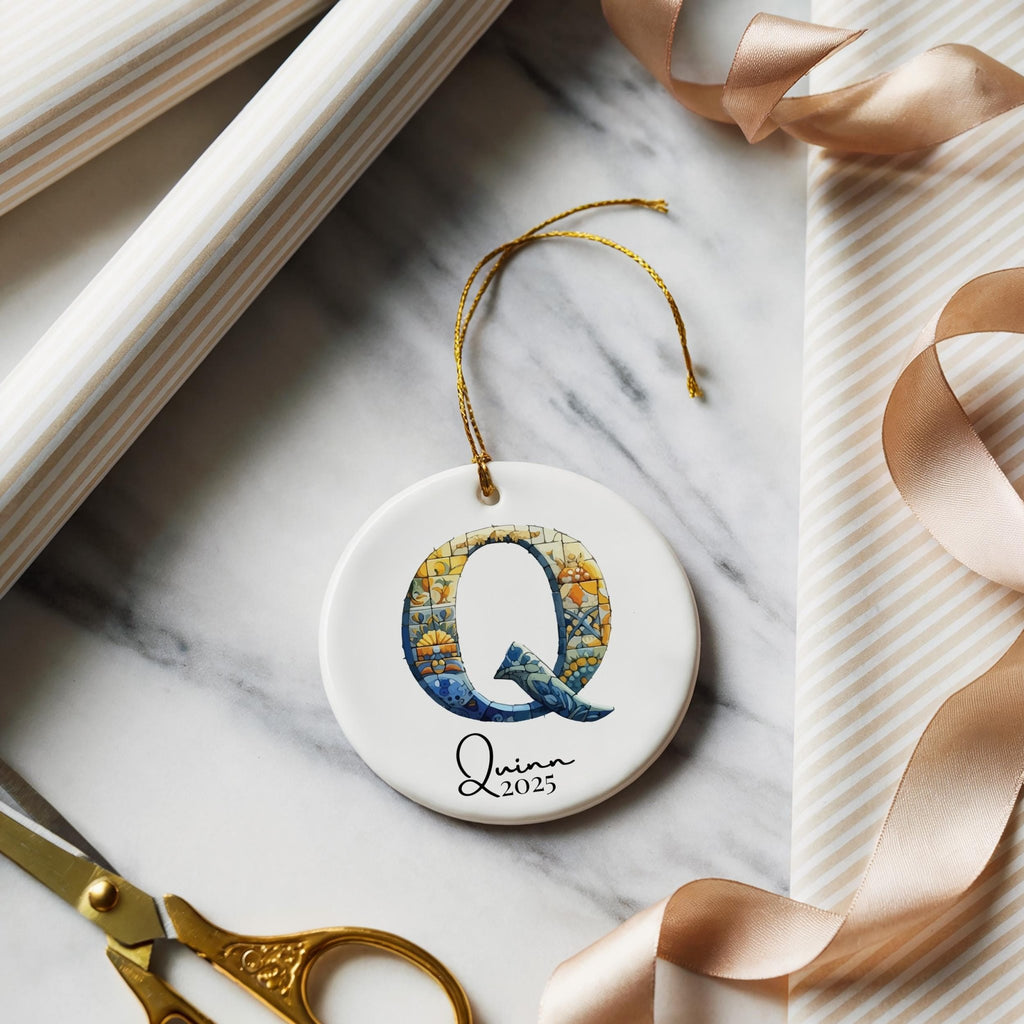 Custom Initial Ornament Name, Letter Q, Personalized Portuguese Tile Monogram Christmas Gift Mediterranean Keepsake - CuteBeePix