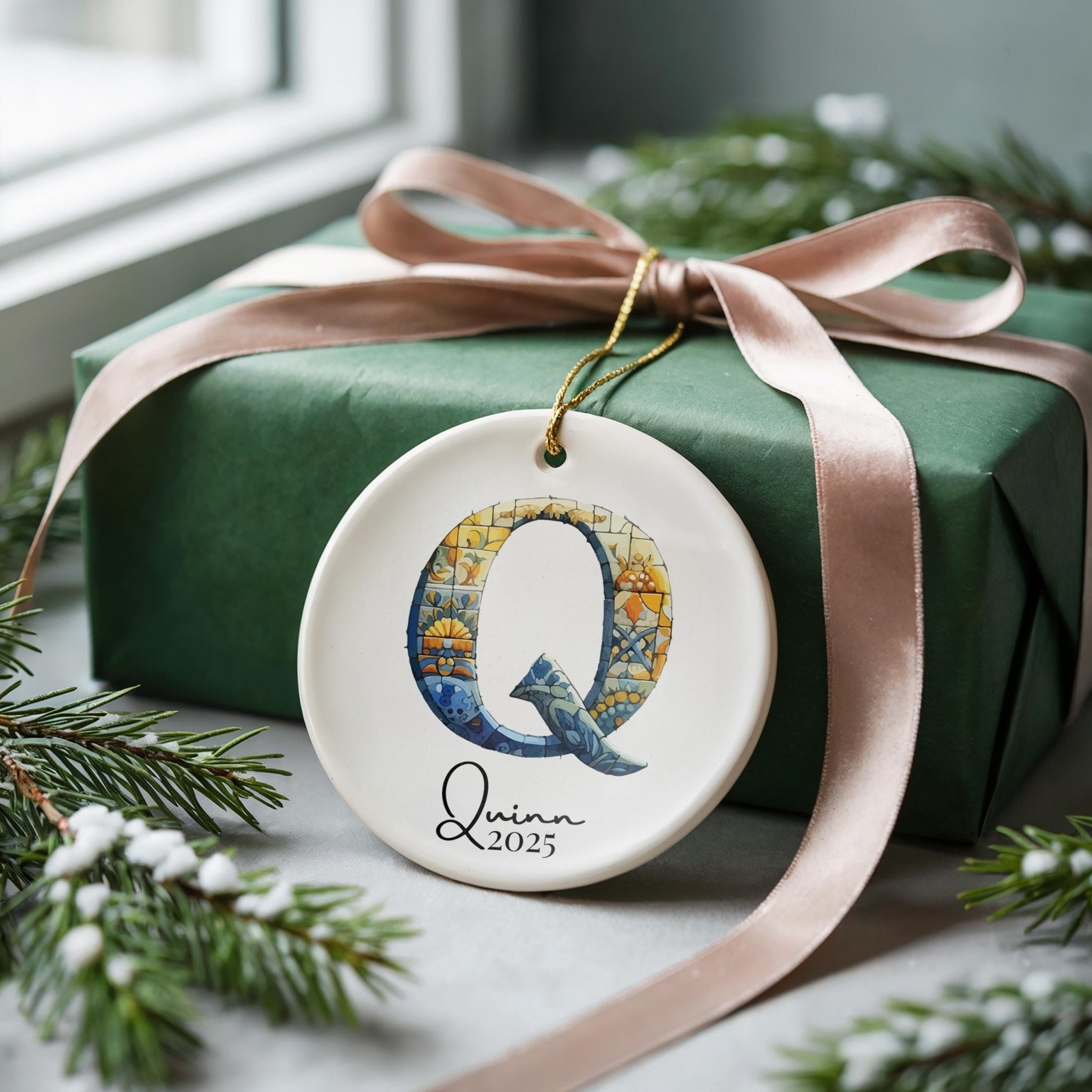 Custom Initial Ornament Name, Letter Q, Personalized Portuguese Tile Monogram Christmas Gift Mediterranean Keepsake - CuteBeePix