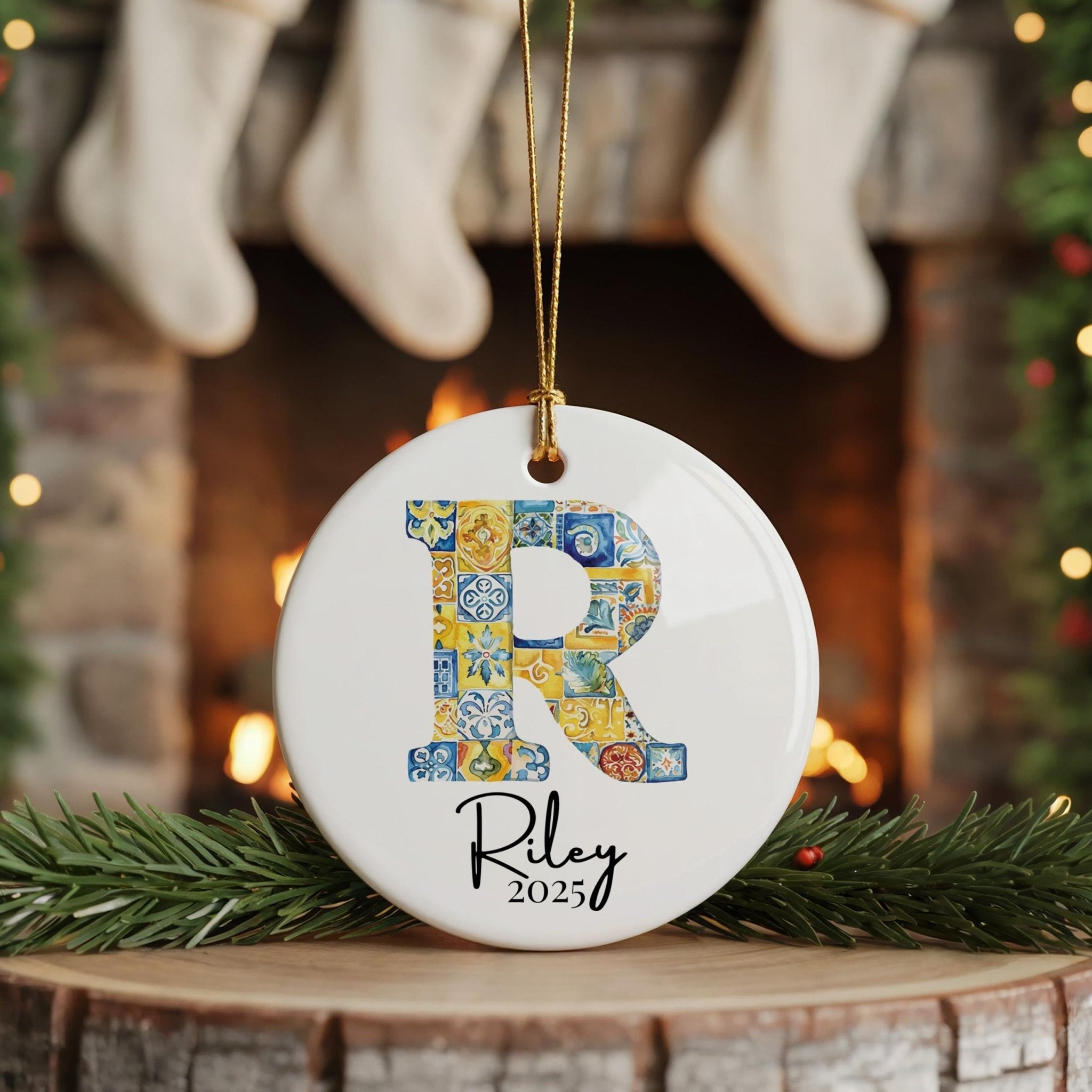 Custom Initial Ornament Name, Letter R, Personalized Portuguese Tile Monogram Christmas Gift Mediterranean Keepsake - CuteBeePix