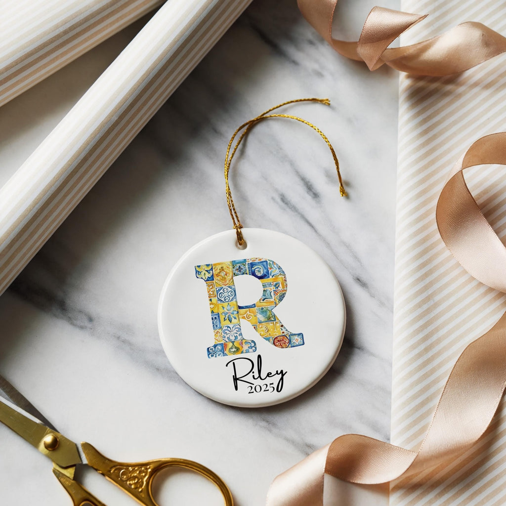 Custom Initial Ornament Name, Letter R, Personalized Portuguese Tile Monogram Christmas Gift Mediterranean Keepsake - CuteBeePix