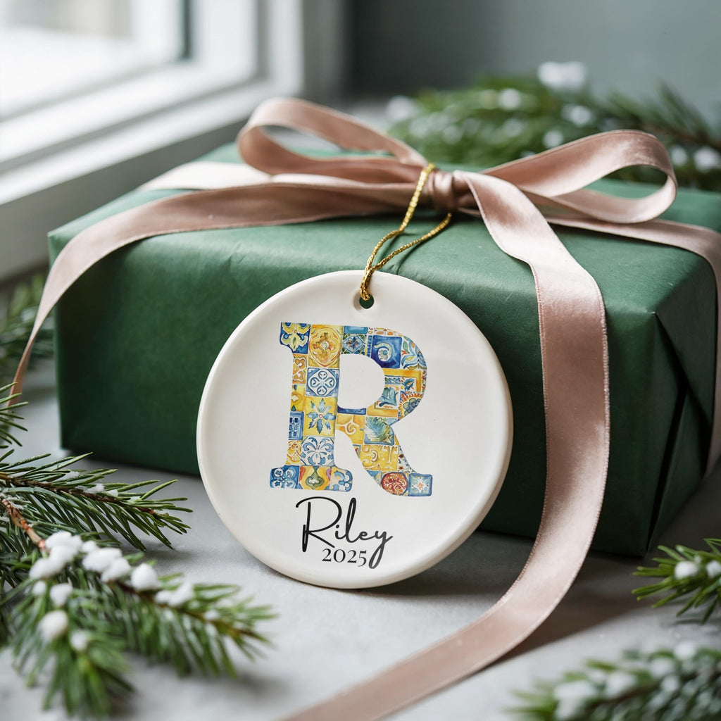 Custom Initial Ornament Name, Letter R, Personalized Portuguese Tile Monogram Christmas Gift Mediterranean Keepsake - CuteBeePix
