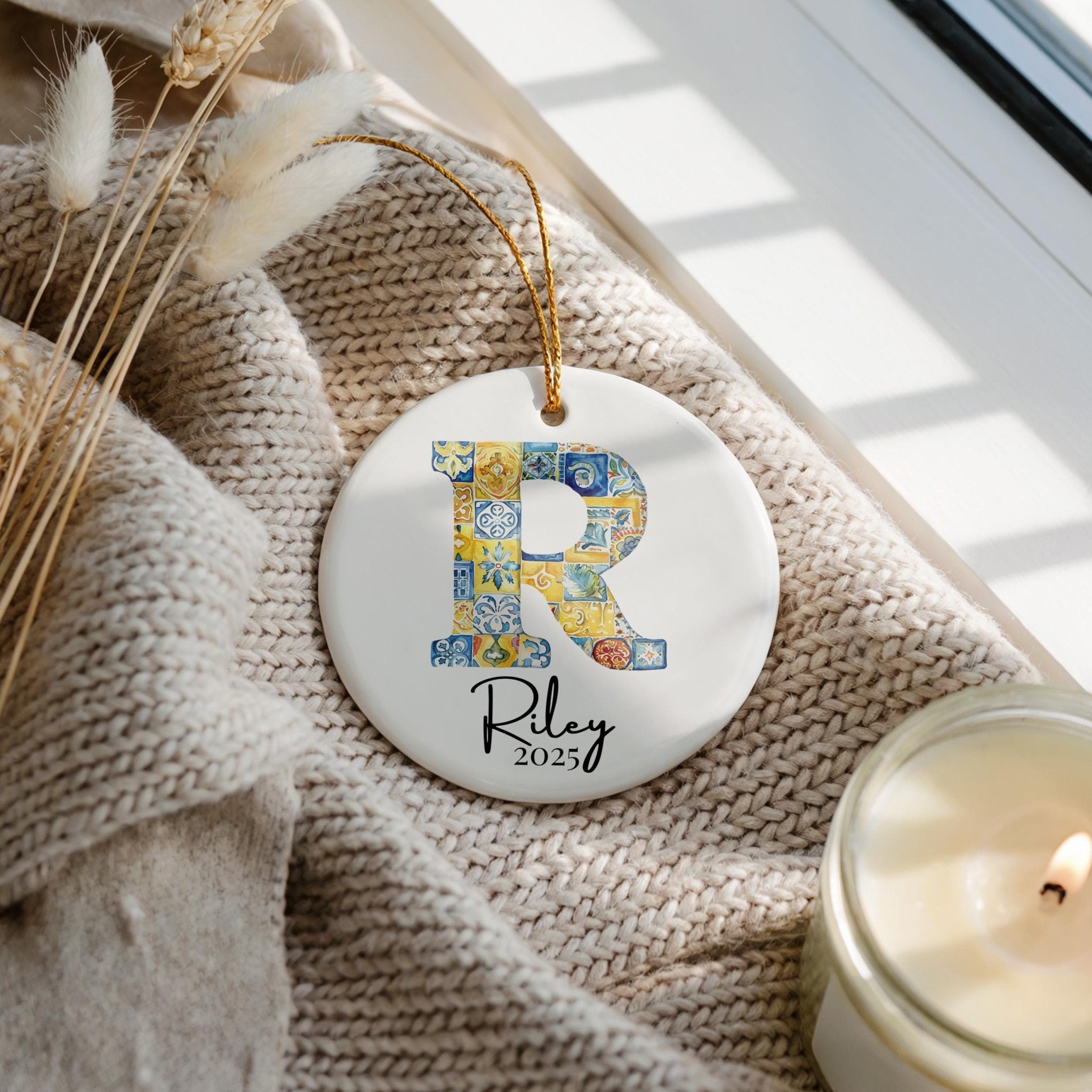 Custom Initial Ornament Name, Letter R, Personalized Portuguese Tile Monogram Christmas Gift Mediterranean Keepsake - CuteBeePix