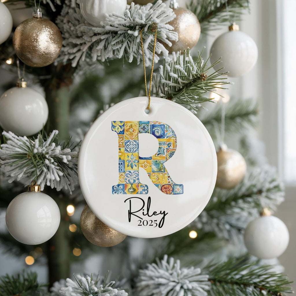 Custom Initial Ornament Name, Letter R, Personalized Portuguese Tile Monogram Christmas Gift Mediterranean Keepsake - CuteBeePix