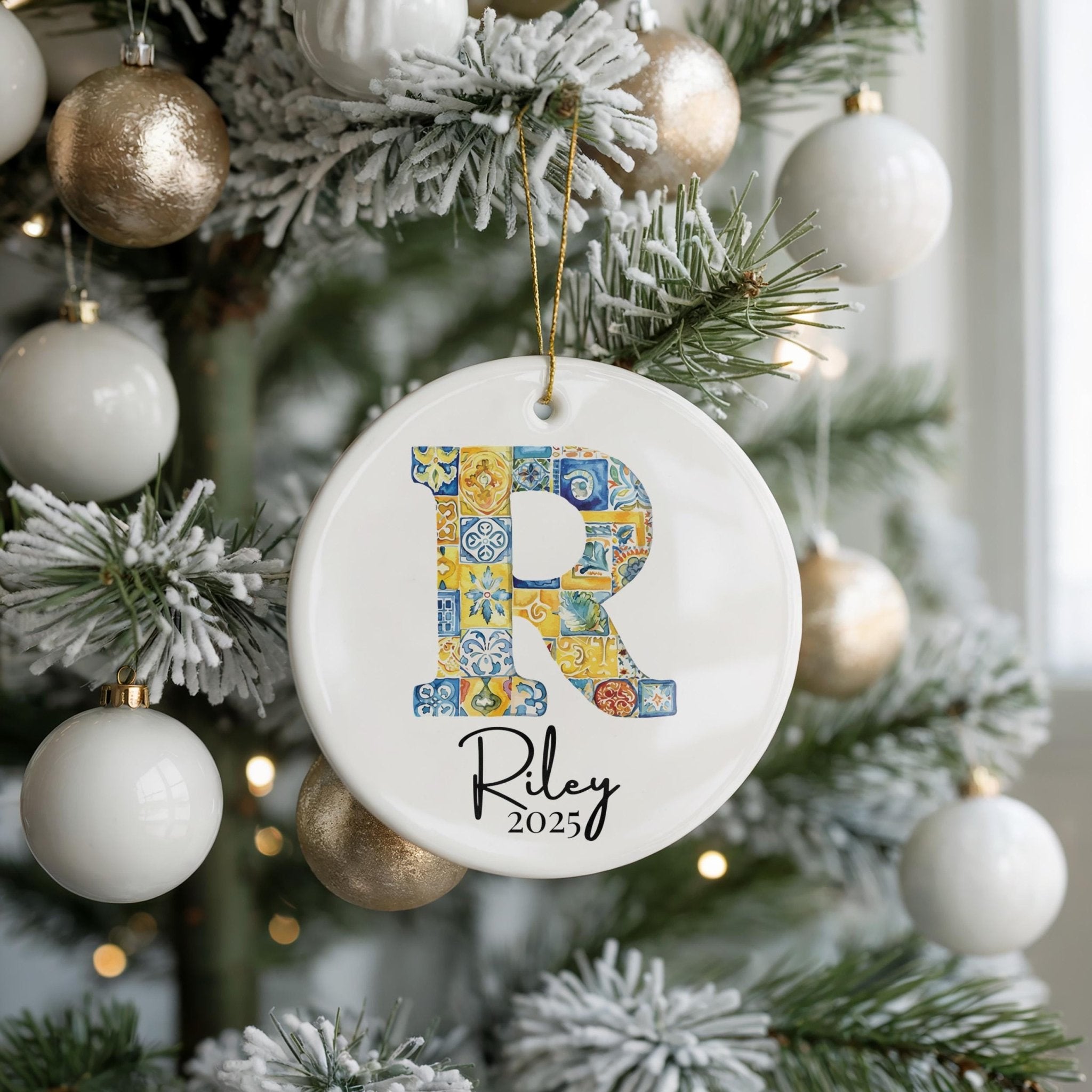 Custom Initial Ornament Name, Letter R, Personalized Portuguese Tile Monogram Christmas Gift Mediterranean Keepsake - CuteBeePix
