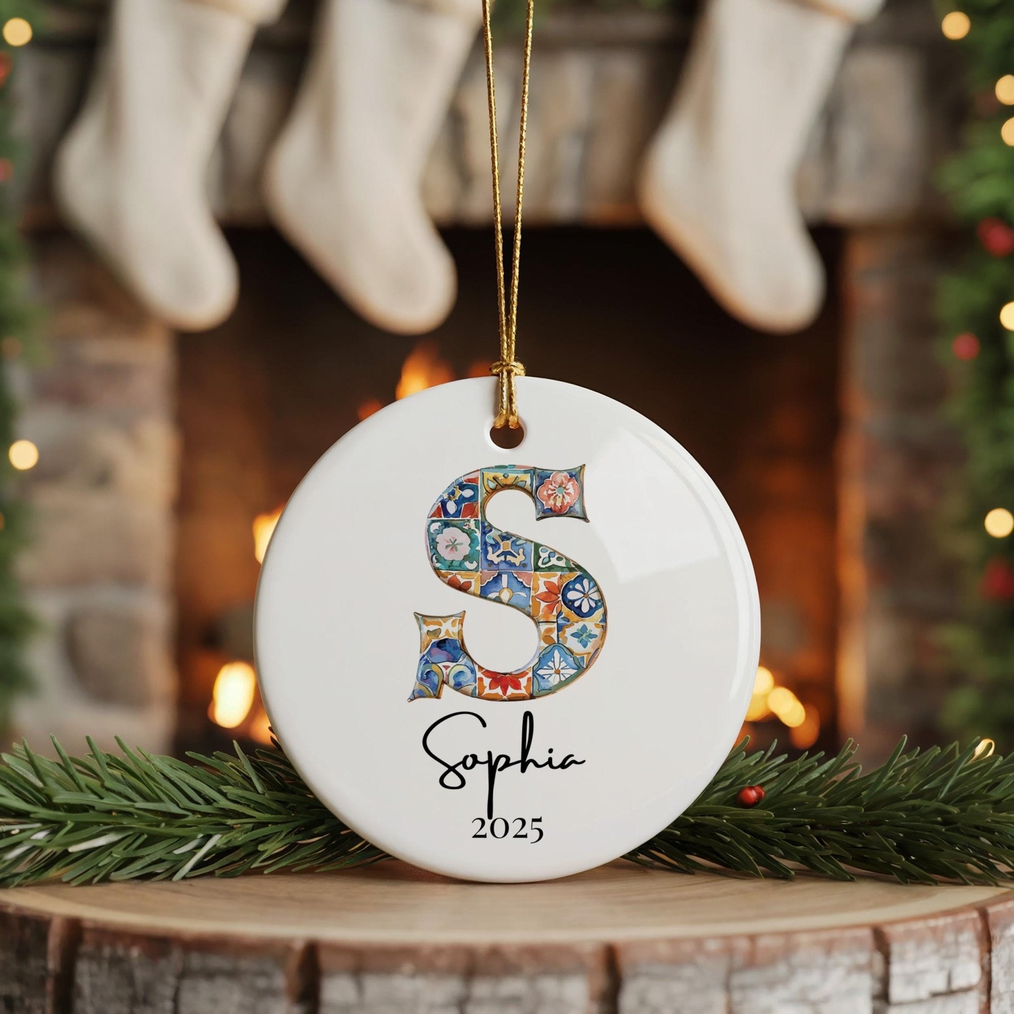 Custom Initial Ornament Name, Letter S, Personalized Portuguese Tile Monogram Christmas Gift Mediterranean Keepsake - CuteBeePix