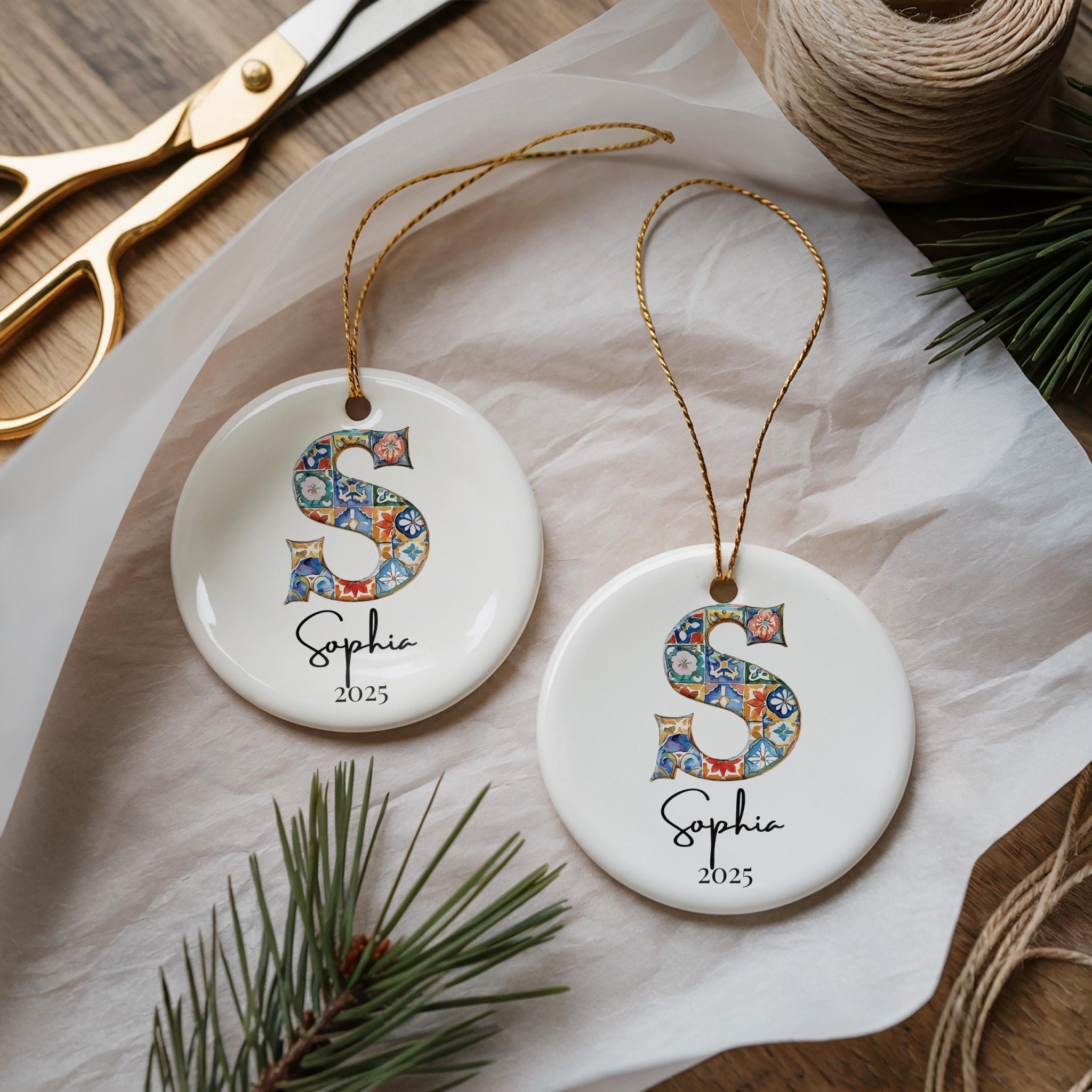 Custom Initial Ornament Name, Letter S, Personalized Portuguese Tile Monogram Christmas Gift Mediterranean Keepsake - CuteBeePix