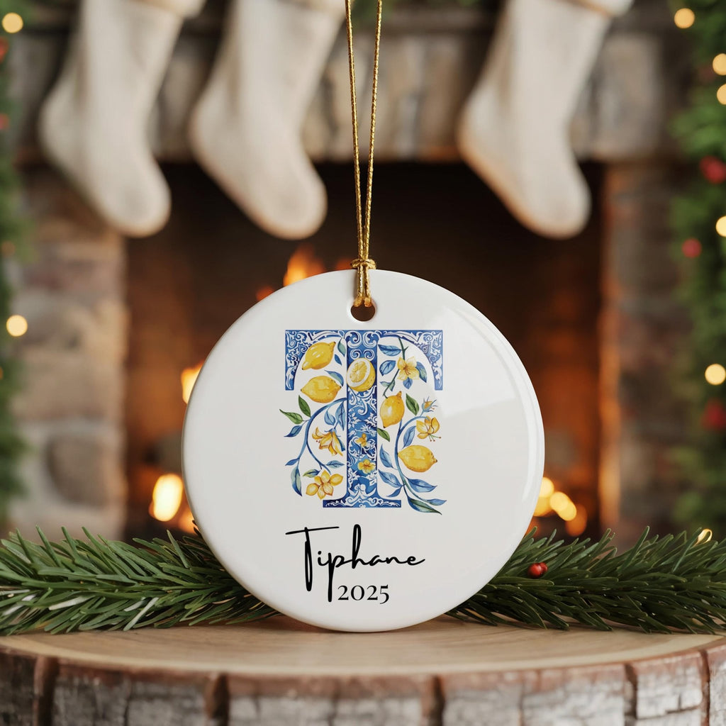 Custom Initial Ornament Name, Letter T, Personalized Portuguese Tile Monogram Christmas Gift Mediterranean Keepsake - CuteBeePix