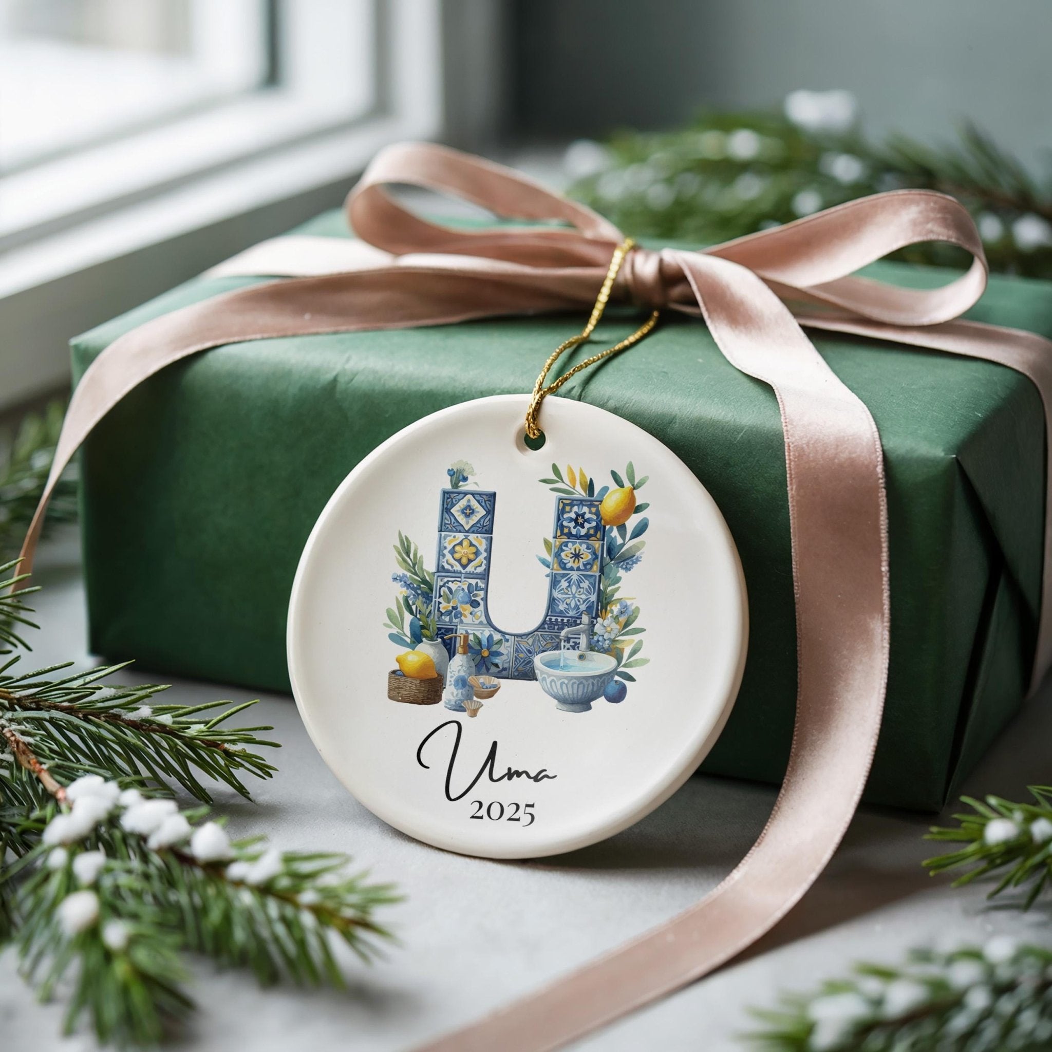 Custom Initial Ornament Name, Letter U, Personalized Portuguese Tile Monogram Christmas Gift Mediterranean Keepsake - CuteBeePix